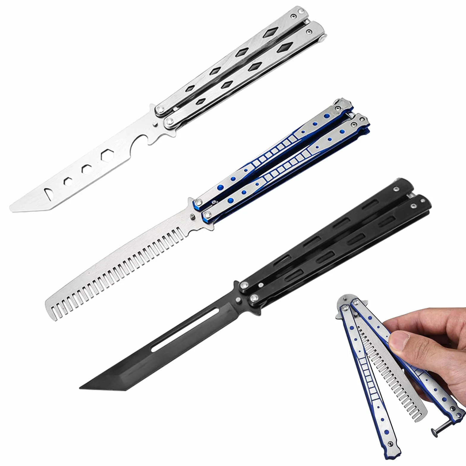 Navaja mariposa entrenamiento acero inoxidable hoja desafilada 3 unidades principiantes trucos plata negro azul