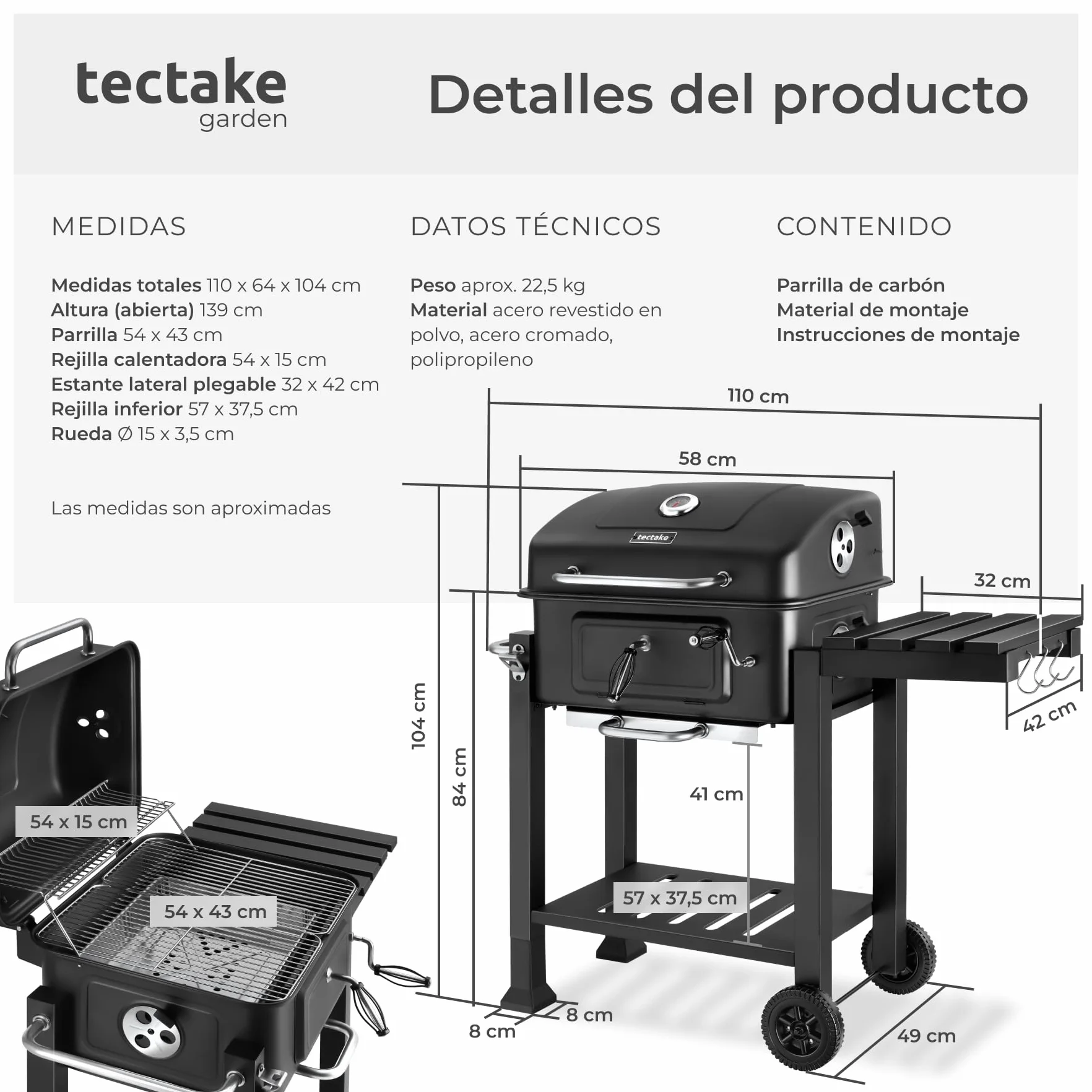 tectake® Barbacoa de Carbon con Tapa, Parrilla Barbacoa Carbon, BBQ Grill, Bandeja Regulable, Termómetro y Ruedas, con Ahumador de Alimentos, Asador de Carne - 64 x 110 x 104 cm