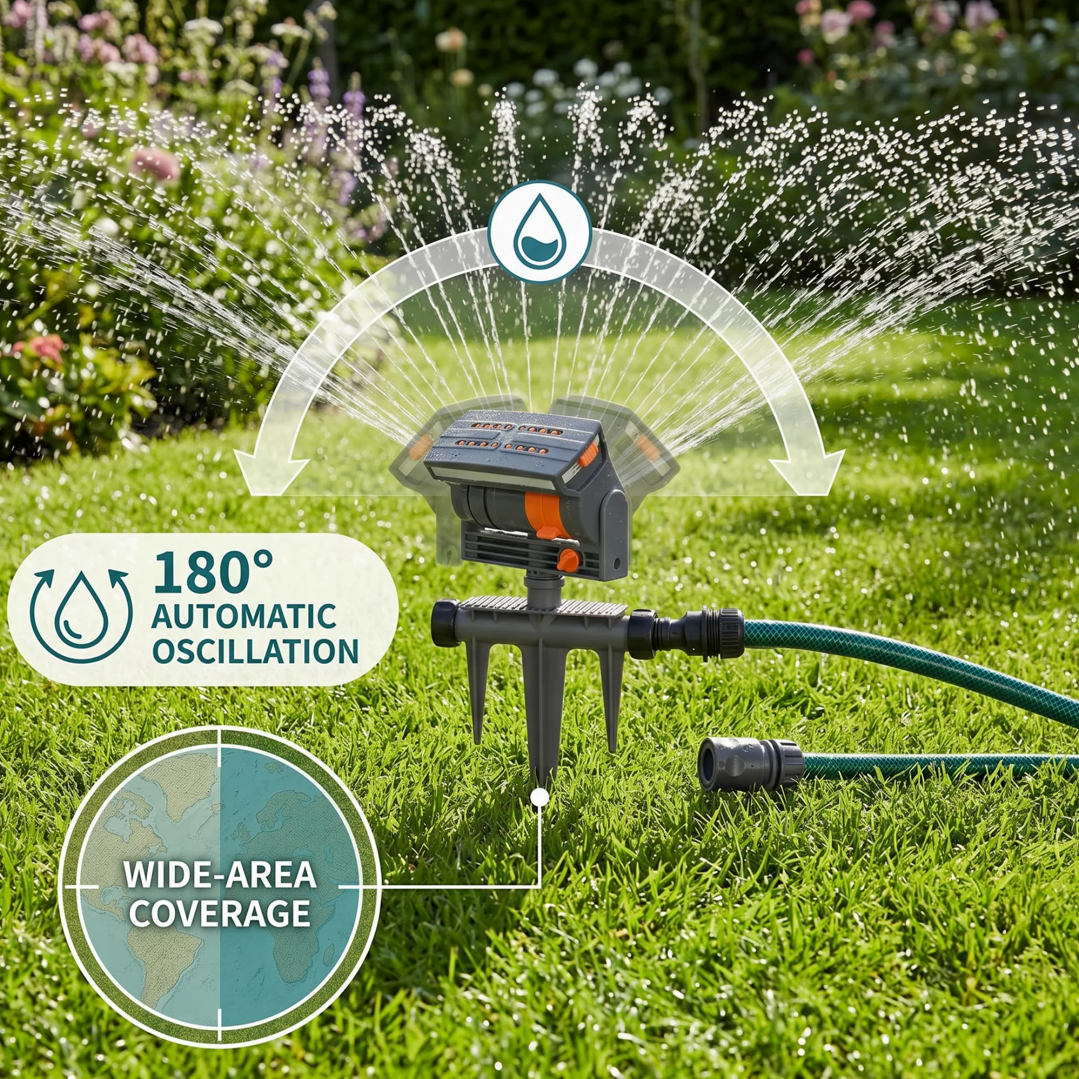Aspersores, Aspersores De Césped para Jardín, Aspersor Oscilante Automático De Cobertura De 180 ° con Estaca De Trípode, Aspersor De Jardín De 4 Modos De Aspersión para Patio Y