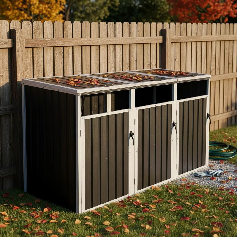 Soporte para cubos de basura de metal, apto para cubos de basura de 240 l y pequeños contenedores de basura, techo protector impermeable para exteriores, armario de herramientas estable para jardín