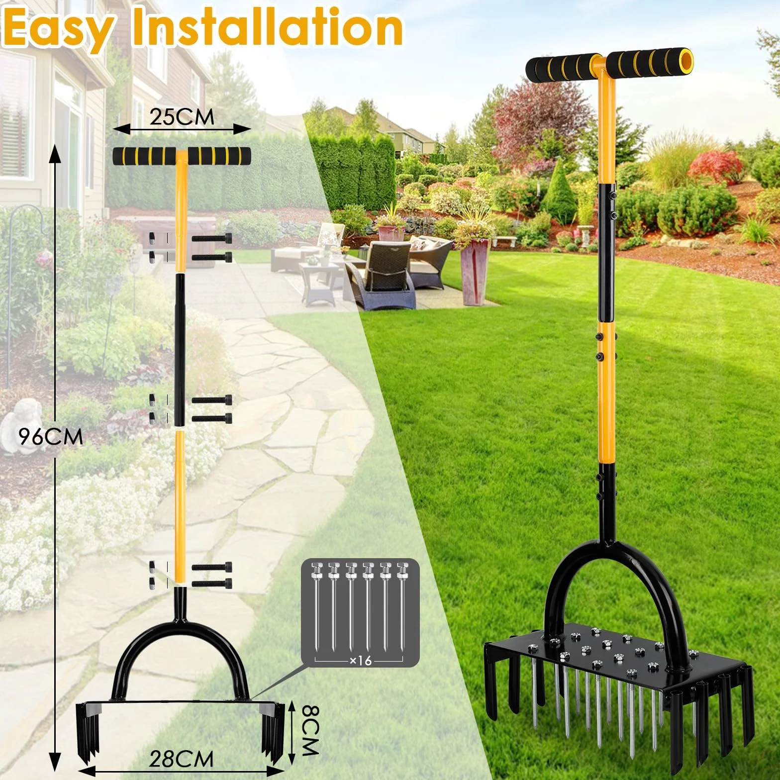 Aireador Herramienta de césped, 96 cm Aireador Cesped Escarificador Cesped Manual, aireador de Tierra Manual con Mango en T con 17 Picos de Acero sólido de 9 cm para airear césped, Patio, Suelos