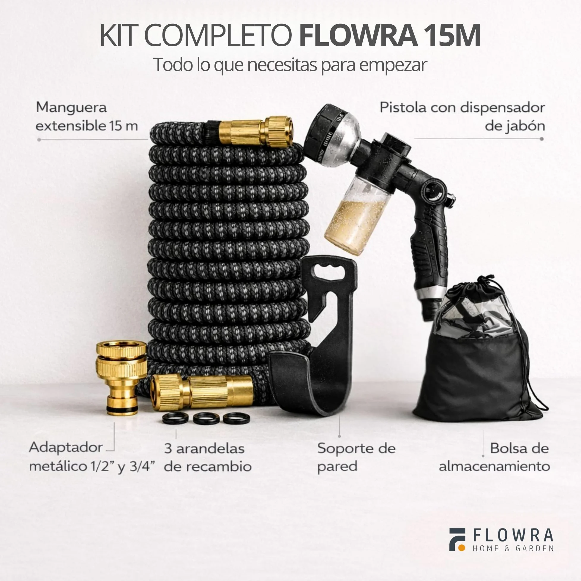 Manguera extensible de 15 metros, manguera jardin extensible de poliéster resistente 3300D, con conectores de latón y pistola con depósito de jabón, incluye set con colgador y bolsa de almacenaje