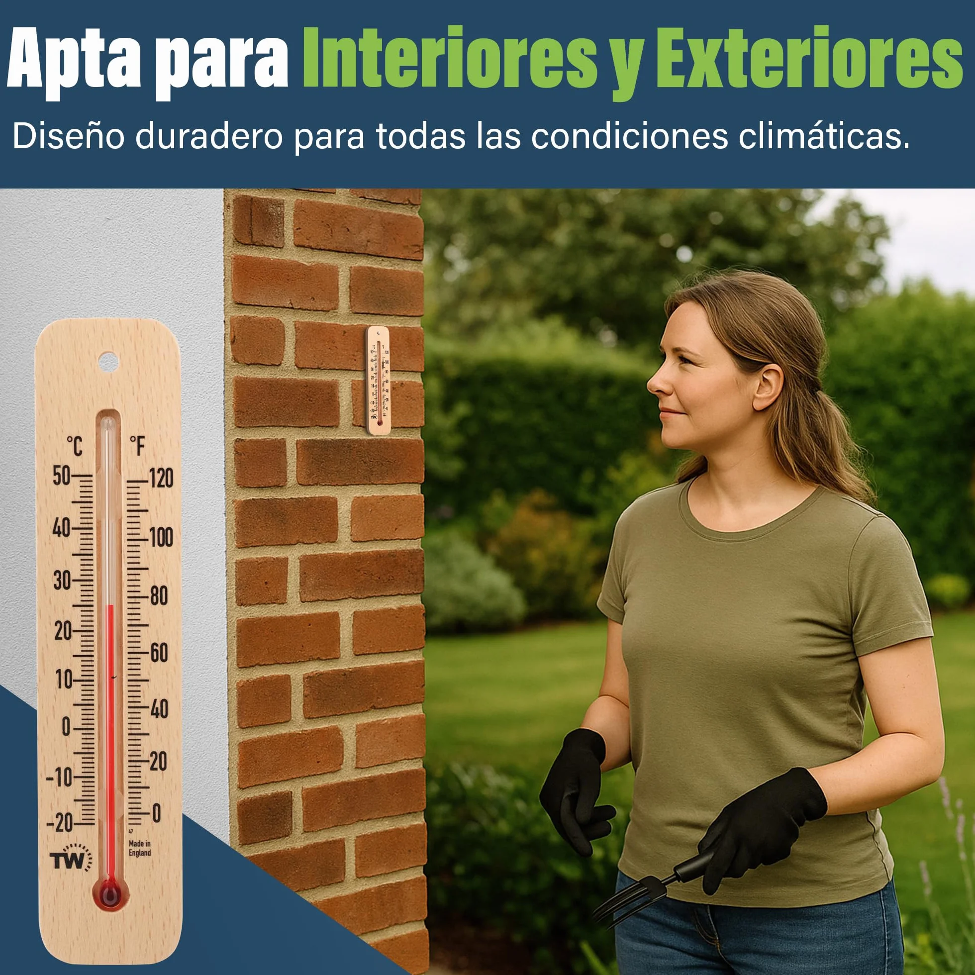 Termómetro Tradicional de Madera para Medir la Temperatura Ambiente, Ideal para Hogar, Oficina, Jardín, Invernadero o Garaje