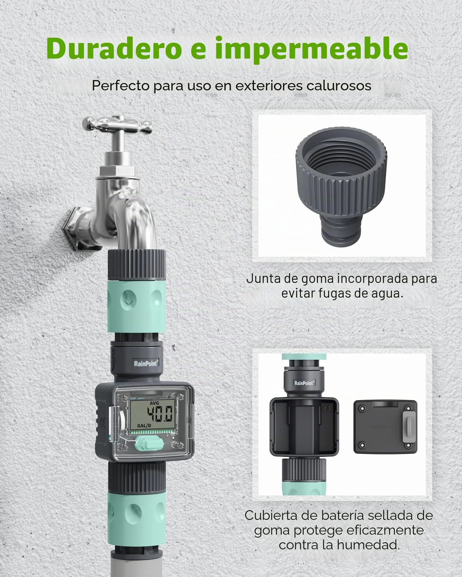 RAINPOINT Contador de Agua, Caudalimetro Agua Digital para Manguera de Jardín de 3/4 Pulgadas, 4 Modos para Controlar el Consumo de Agua, Impermeable IPX6