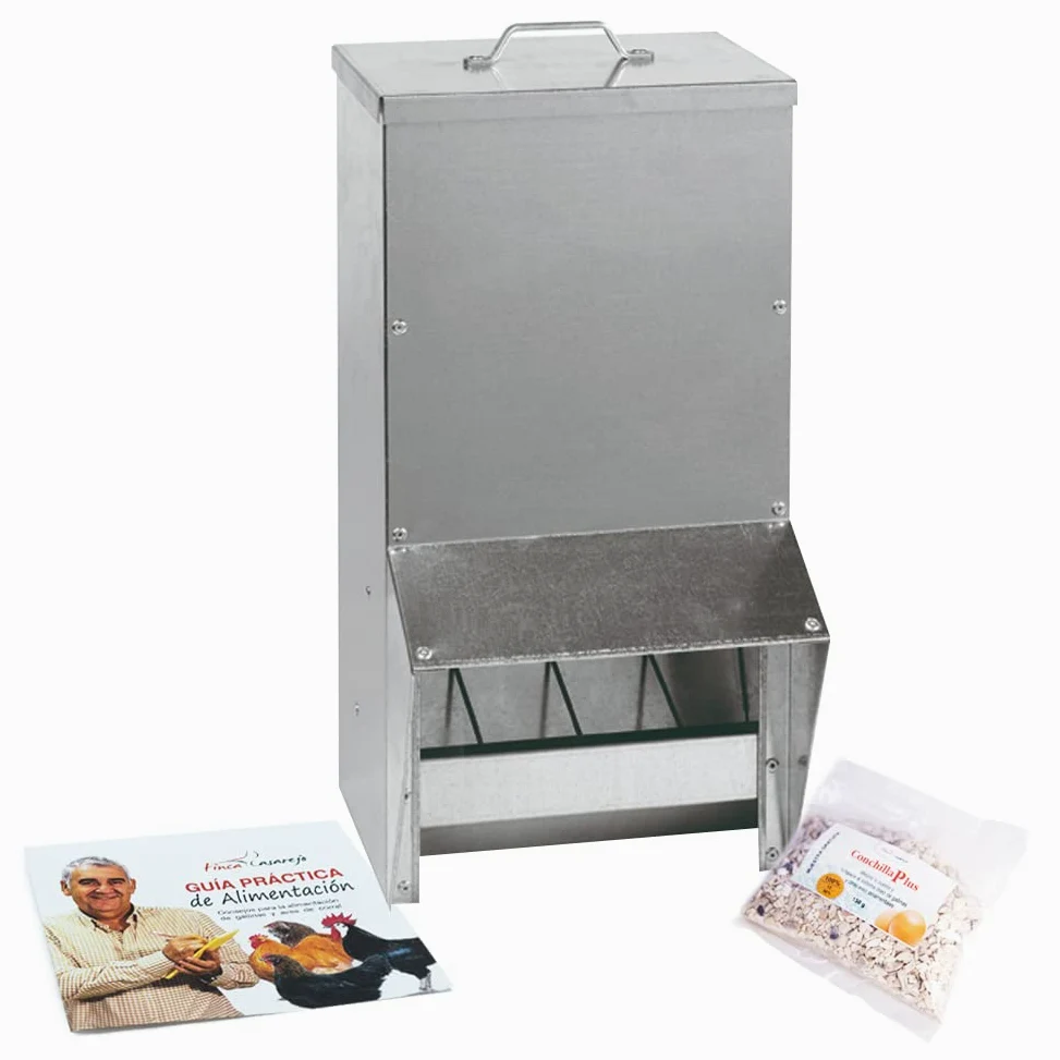 FINCA CASAREJO - Tolva Chapa Galvanizada 17kg - Comedero para Aves de Corral - Incluye 150 Gramos de Conchilla Plus y Guía de Alimentación de Las Gallinas