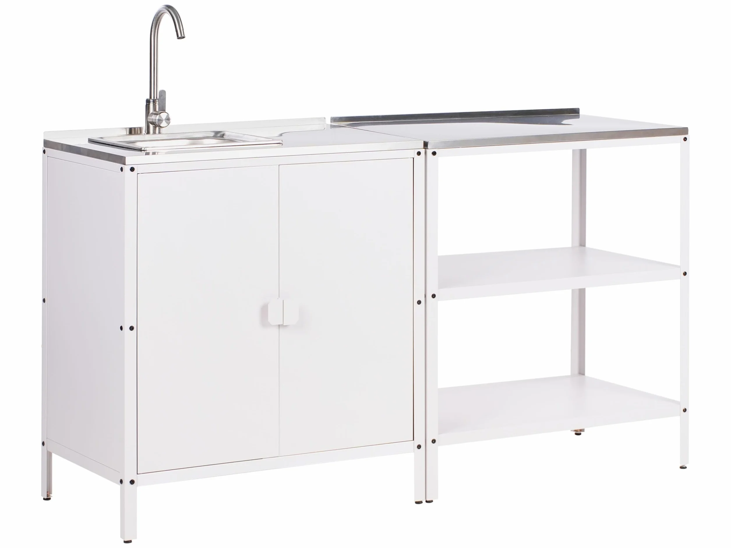 Beliani Conjunto de Cocina 2 Piezas de Exterior Acero Inoxidable Isla de Cocina y Armario con Fregadero Monomando Blanco Vilama