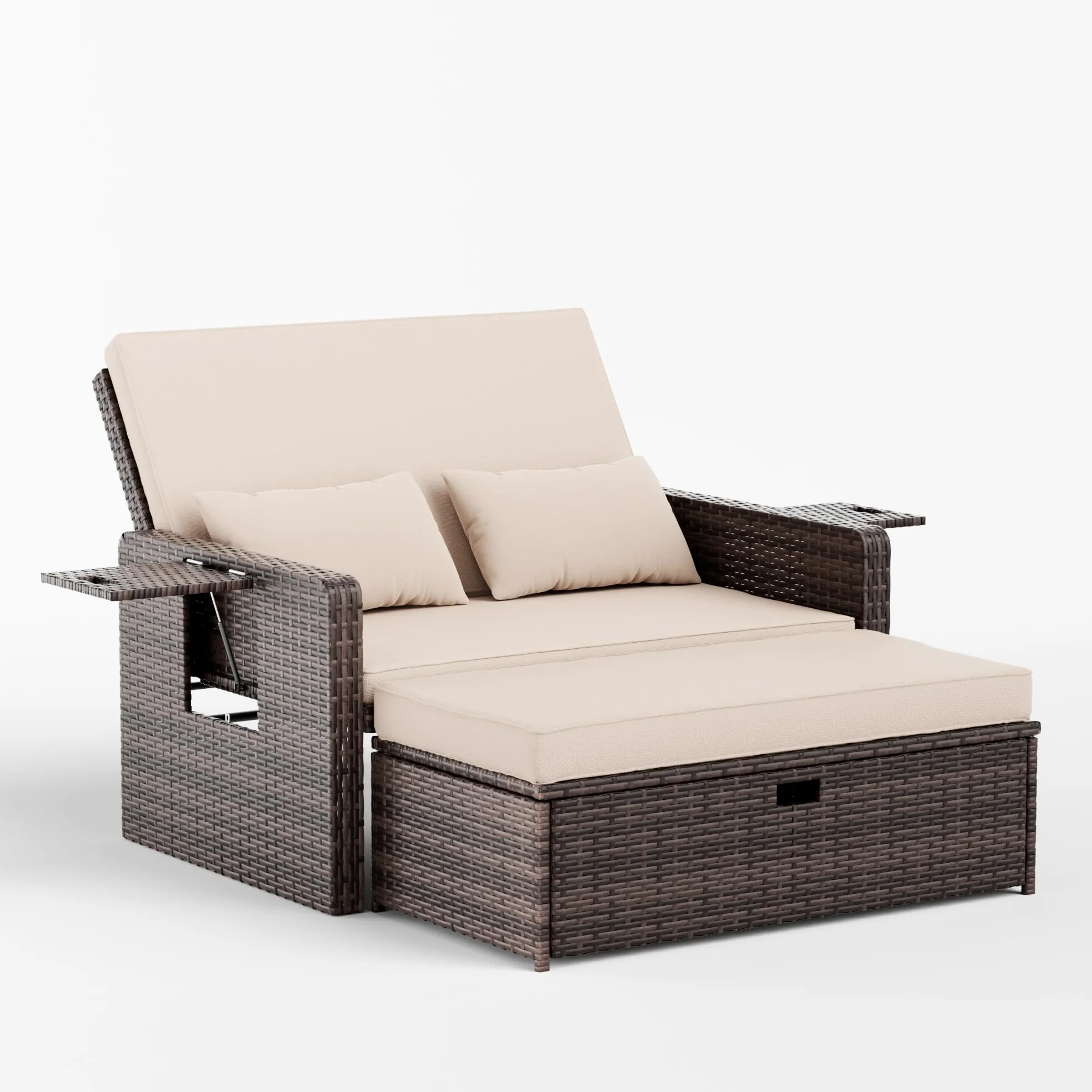 UDPATIO Sofá de Ratán 2 Plazas con Reposapiés con Almacenamiento, Muebles de Salón de Ratán para Exteriores con Respaldo Regulable y Cojines Gruesos, para Terraza y Jardín - Beige