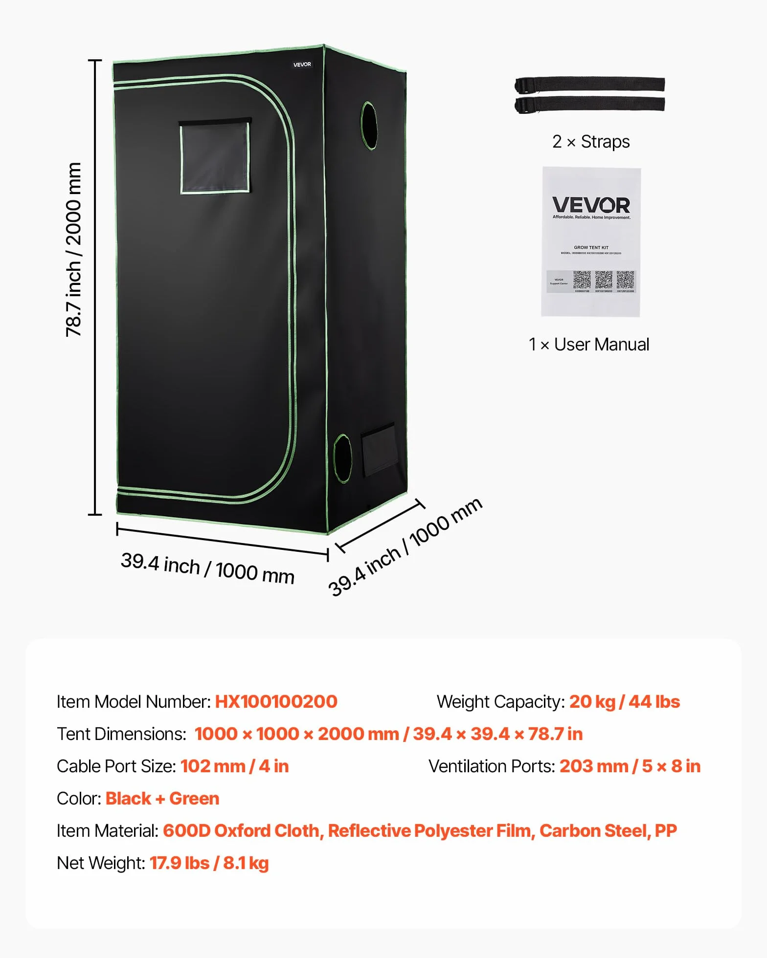 VEVOR Armario de Cultivo Interior 100x100x200 cm, Carpa de Cultivo con Ventana de Observación, Bandeja de Suelo y Cremallera, Mylar 600D de Alta Reflectancia, Tienda para Plantas, Flores, Verduras