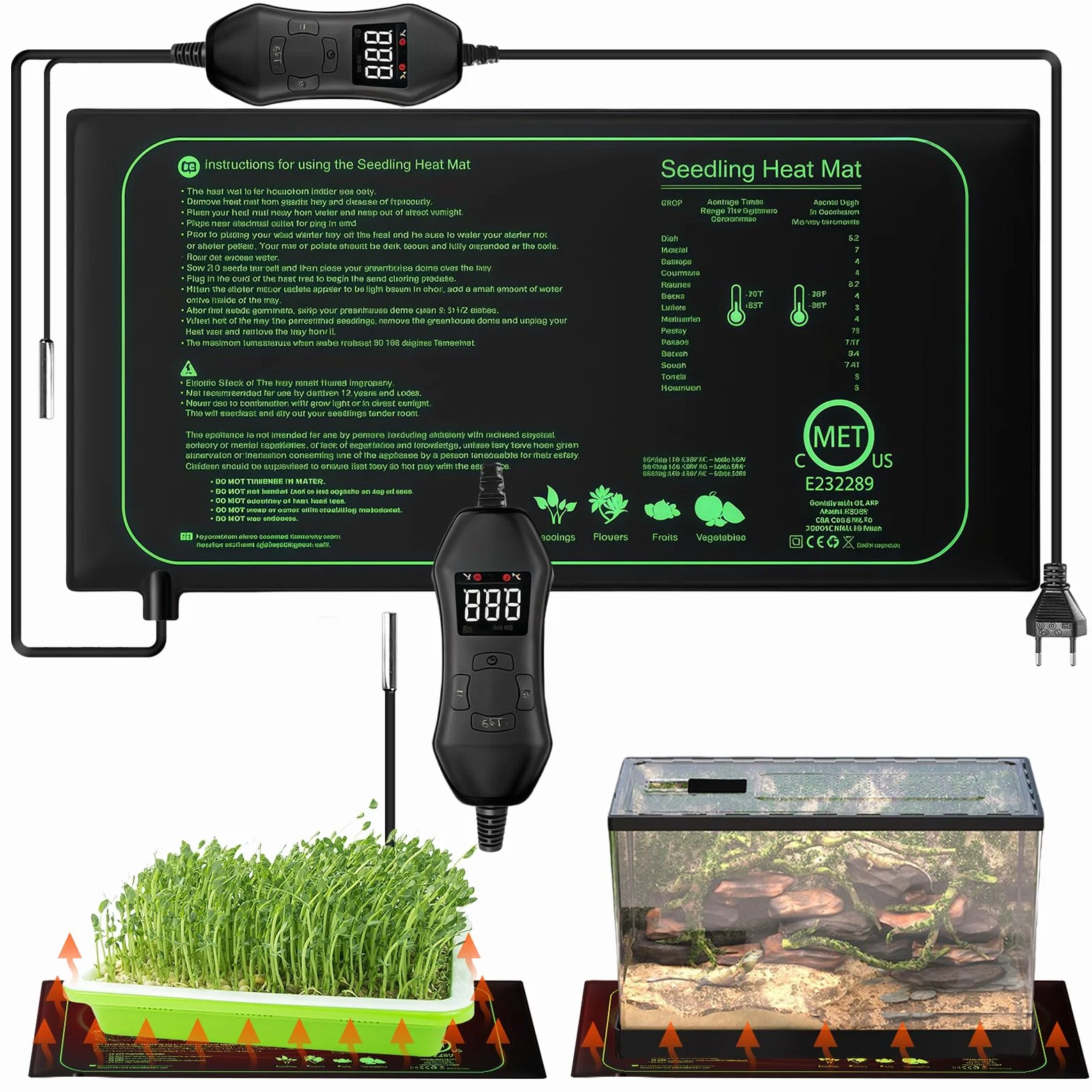 Estera calefactora para plantas: 25 x 53 cm Estera calefactora para plántulas, controlador de termostato para la germinación de planta, almohadilla calefactora para invernaderos y para reptiles