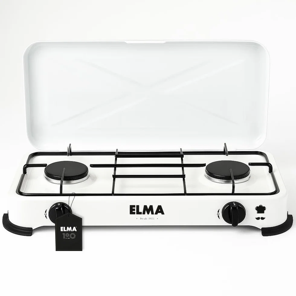 ELMA Cocina a Gas Portátil 2 Fuegos – Compacta y Ligera, Ideal para Camping, Caravanas y Uso en Casa | Compatible con Gas Butano y Propano, Incluye Instrucciones de Montaje | 58 x 28 x 5,5 cm