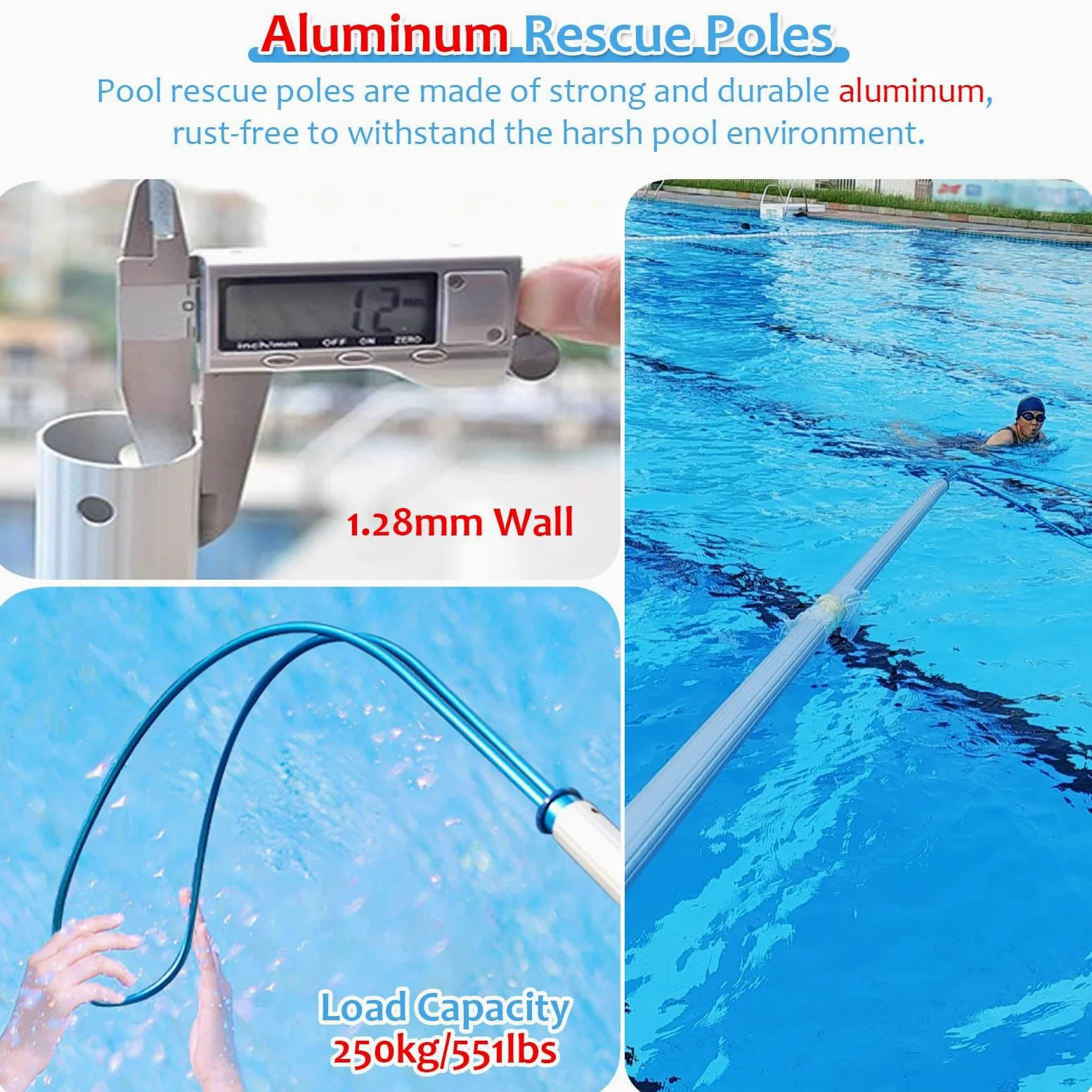 Poste de Rescate para Piscina, Poste Salvavidas de Emergencia para Piscina - Telescópico de 3 a 3,6 m, Resistente, con Gancho de Seguridad Ajustable para Adultos y niños, Equipo de Rescate m