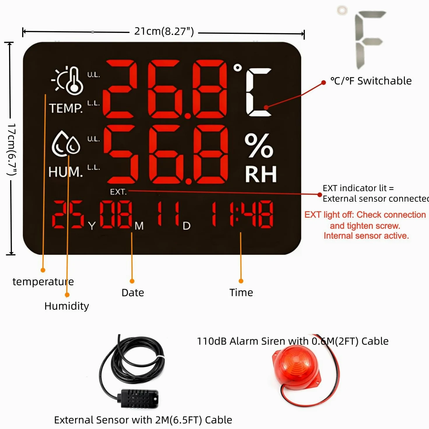 Termómetro de pantalla grande, luz de advertencia de temperatura grande, máximo mínimo para monitorear alta y baja temperatura, sensor de humedad, alerta de alarma, termómetro higrómetro con hora y