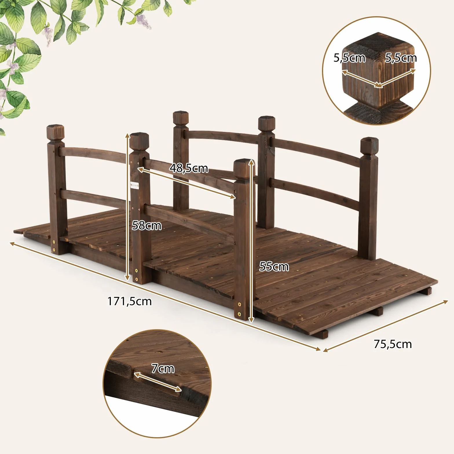 COSTWAY Puente de Jardín Madera, 171 x 76,5 x 58cm, Puente de Pie Decorativo Carbonizado con Barandillas de Seguridad, Carga 180 kg, Madera de Abeto, Jardín, Patio, Granja