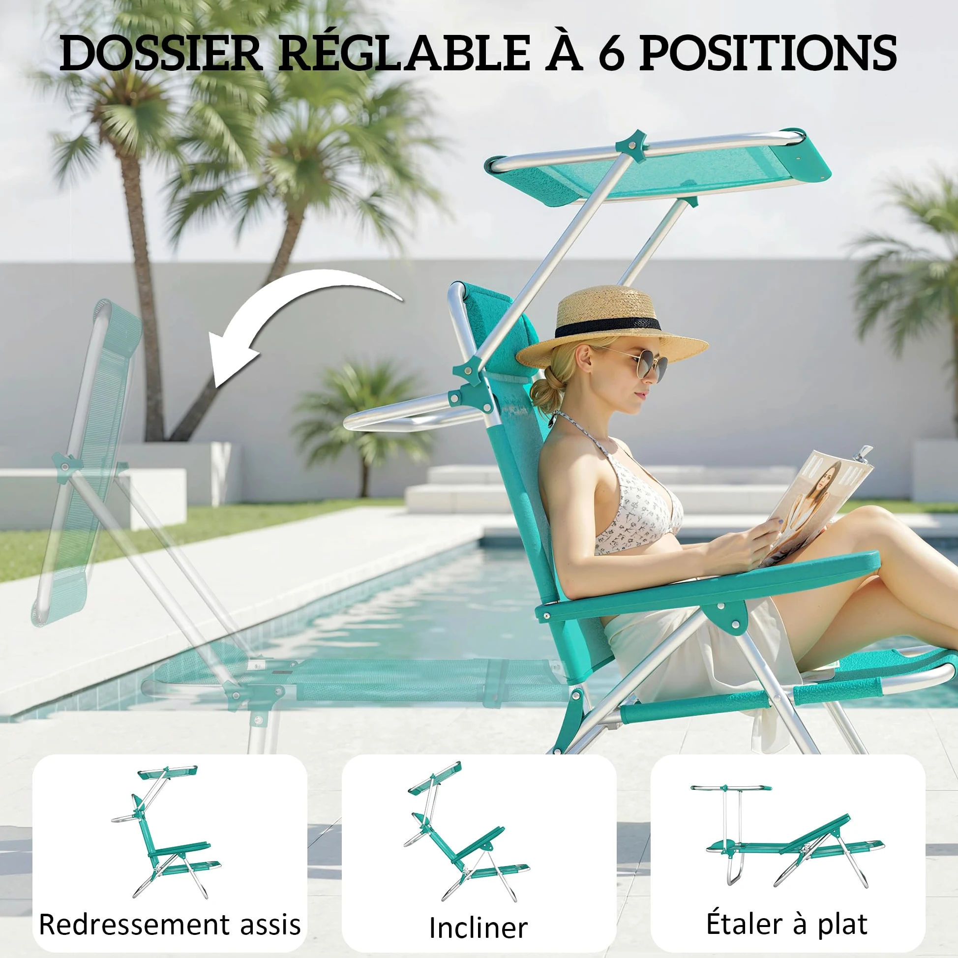 Outsunny - Silla de Playa Plegable con Toldo Ajustable, Respaldo Reclinable de 6 Posiciones, Reposacabezas, Aluminio y Malla Transpirable, para Exterior, Jardín, Pícnic, Festival, Viajes, Turquesa