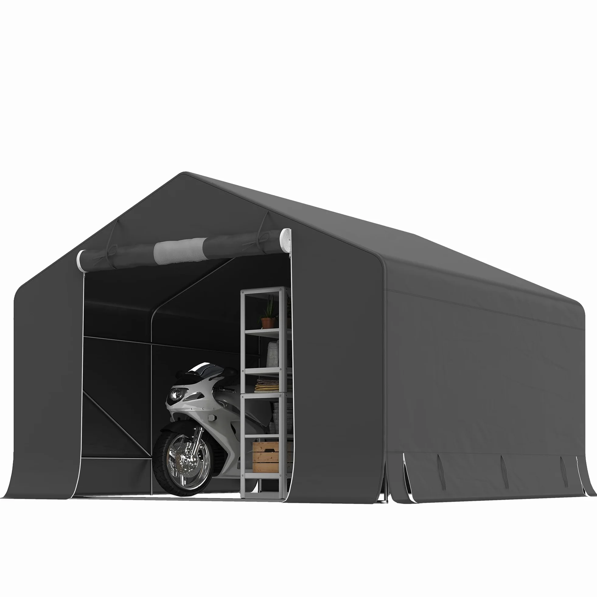Outsunny Cobertizo portátil 10'x10' Impermeable Tienda Bici Gris Oscuro | Puerta enrollable cremallera, marco acero galvanizado reforzado, cobertizo exterior para bici, moto, herramientas