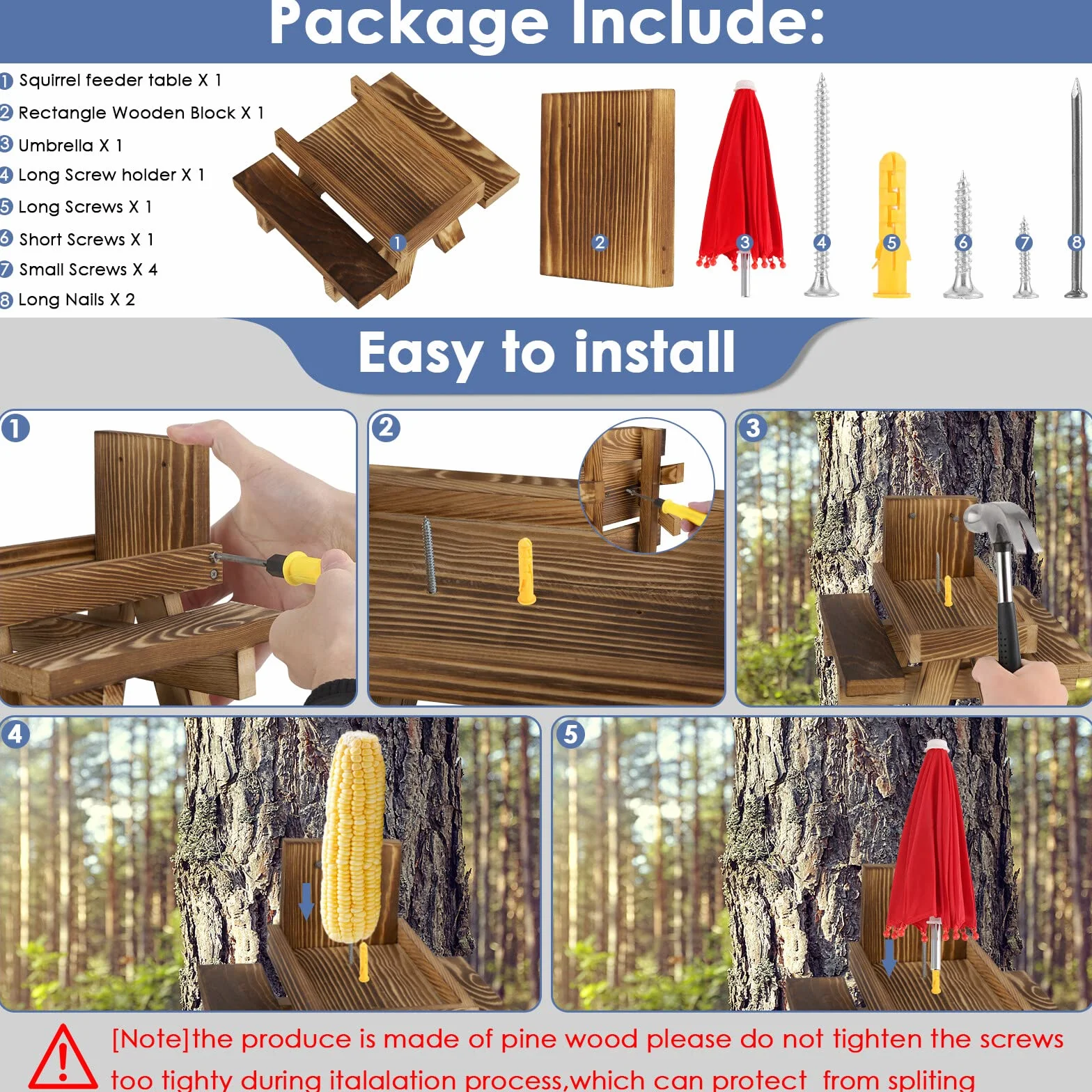 Comedero de ardillas de madera para exteriores, divertido mesa de alimentación para ardillas con un paraguas para jardín, patio, árbol