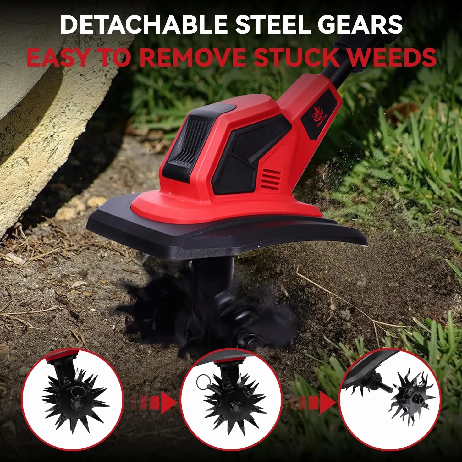 ONEVAN Motoazada Electrica, 500W Motoazada Bateria sin Escobillas, 23cm de Ancho de Trabajo, 16cm de Profundidad, Mango Ajustable, con 2 Baterías de 4.0 Ah, Ideal para Césped, Jardín y Suelo