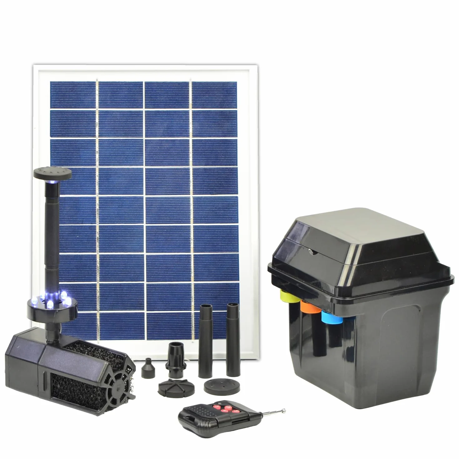 Innovadora bomba solar para estanque para estanque con mando a distancia, batería de iones de litio, panel solar