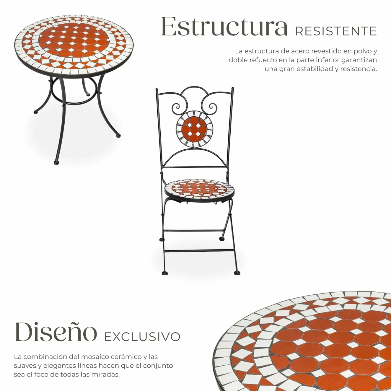 tectake® Conjunto Muebles Jardín Exterior de Metal y Cerámica, 1 Mesa y 2 Sillas Plegables, Muebles Terraza Impermeables y Resistentes a Intemperie, Gran Capacidad de Carga, Fácil Limpieza - marrón