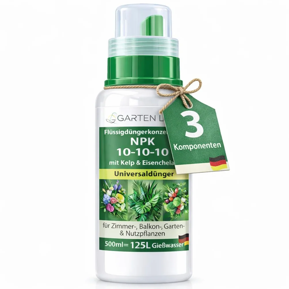 Garten Lux Fertilizante Líquido NPK 10-10-10 Concentrado con Kelp y Hierro Quelado – Abono Universal para Plantas de Interior, Jardín y Huerto Urbano – 500 ml hasta 125 L