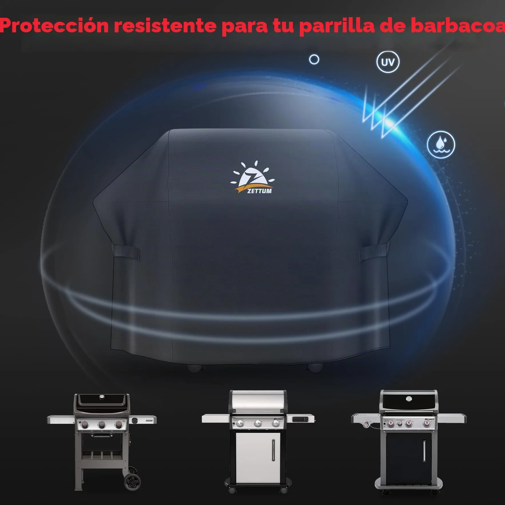 Zettum Funda para Barbacoa de 132 cm - 7106 para Weber Spirit Serie 300, Resistente e Impermeable, Cubierta de Poliuretano para Weber Spirit E310, Sprit E315, E330 y Spirit II E310 (132x66x109cm)