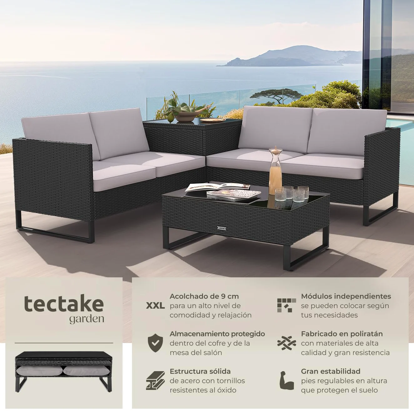 TecTake® Conjunto Jardín de Ratán con Cojines Gruesos, Muebles Jardín Exterior 2 Sofás, 1 Mesa Cristal, 1 Caja Almacenamiento, Conjunto Terraza Resistente a la Intemperie, Estructura en Acero - Negro