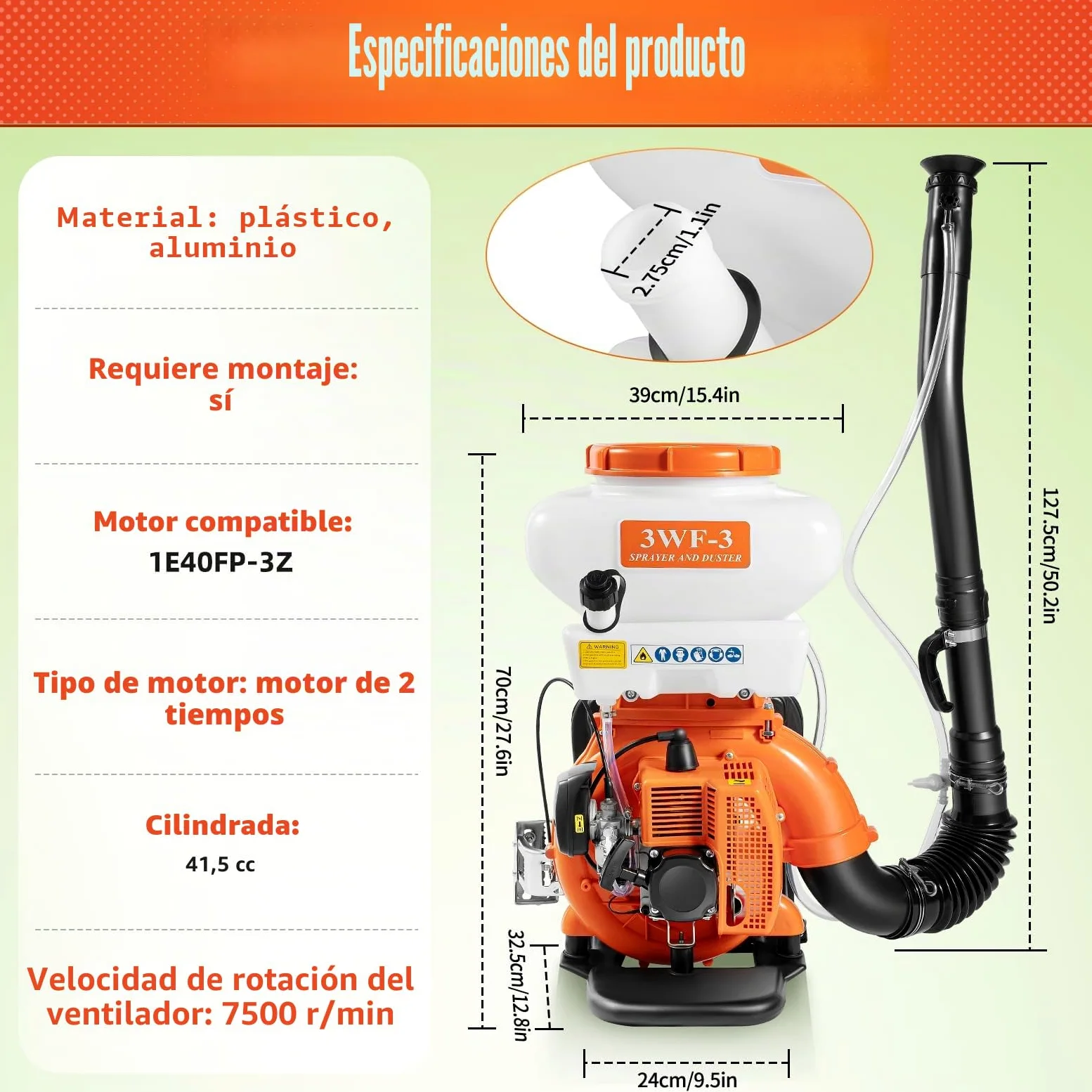 Pulverizador de motor de gasolina, 14 L, 7500 RPM, pulverizador de motor, pulverizador de espalda CDI, abono, rango de pulverización superior a 12 m