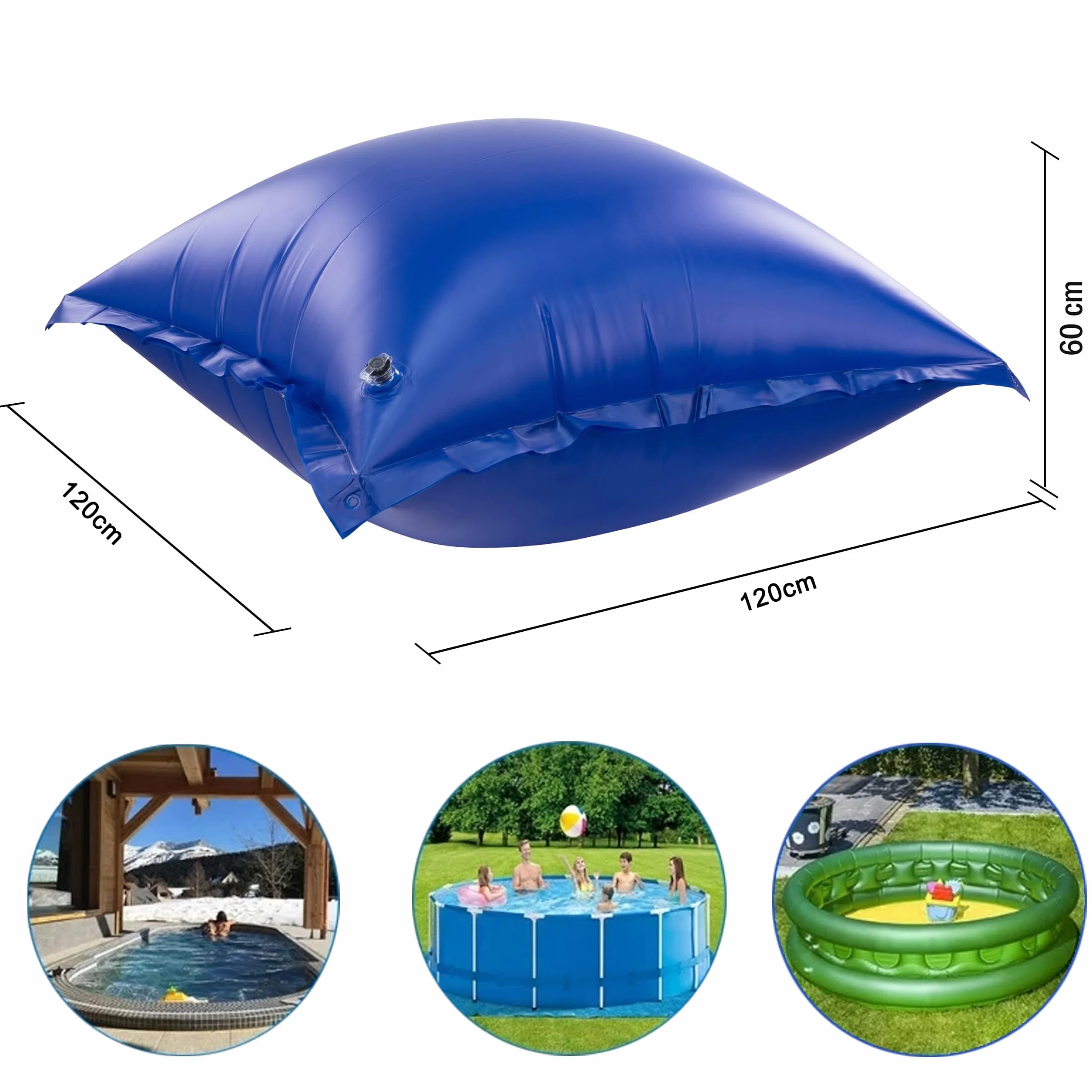 Cojín de aire para piscina de invierno de 120 x 120 cm, 2 unidades, cojín de aire para piscina con 4 ojales y cuerda resistente al cloro de 150 cm, 0,3 mm de espesor, cojín de aire para