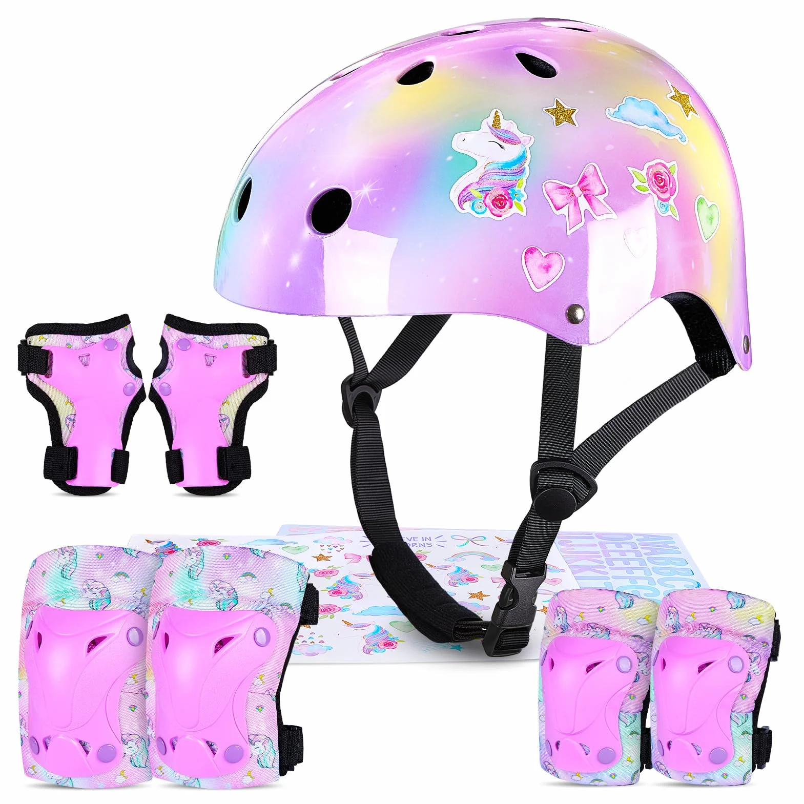 Casco Bicicleta Niño con Pegatinas DIY para Niñas Edad 3-8 Años Unicornio Rodilleras Coderas Equipo Protección Ajustable Ciclismo
