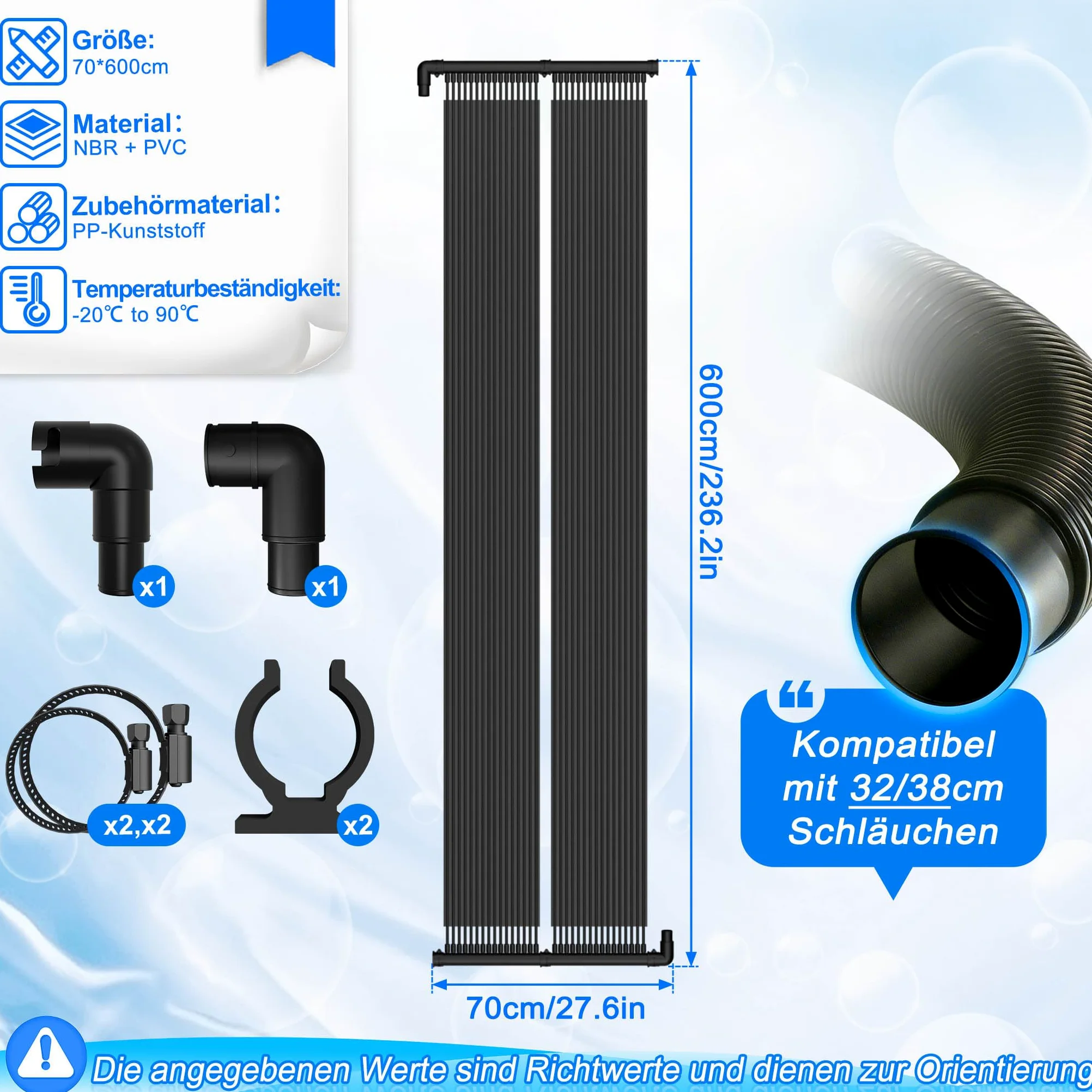 ACXIN Colector solar para piscina, calefacción solar de 600 cm x 70 cm, calentador de piscina solar para piscina, esterilla solar, bomba de calor ecológica alternativa, 32 canales, tubo EPDM, color