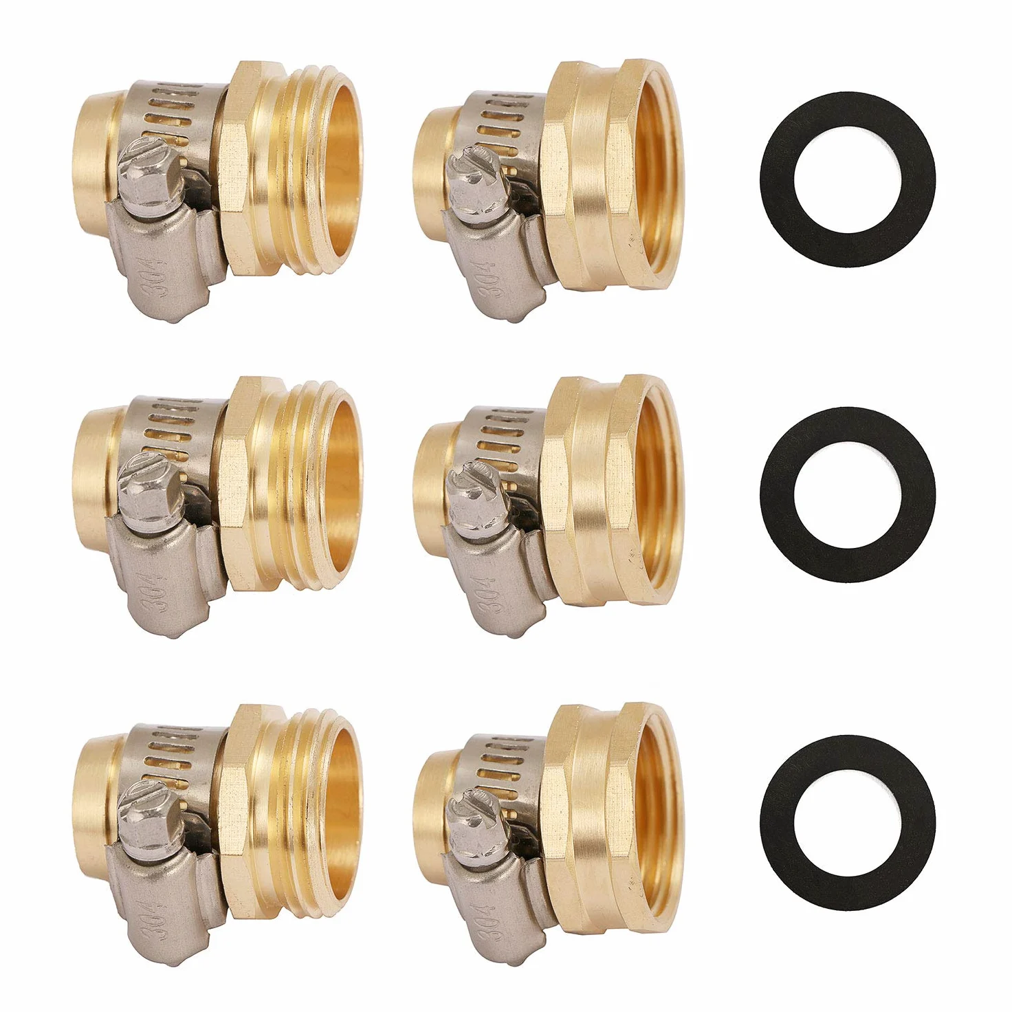 Conector de manguera de jardín de latón macizo con abrazaderas de acero inoxidable, accesorios de manguera de jardín macho y hembra, 3 juegos (3/4")
