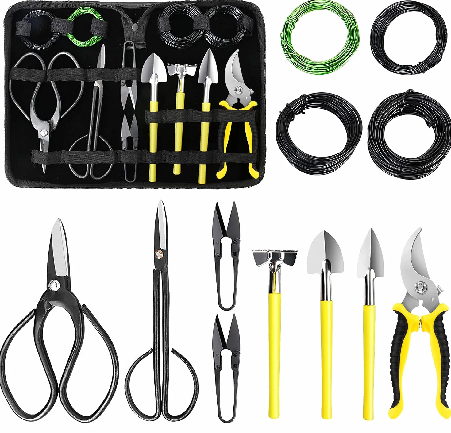 Kit Bonsai, 13 Piezas Herramientas Bonsai Incluyen Tijeras Bonsai, Alambre Bonsai, Mini Rastrillo, Pala y Tijeras de Podar para Jardineria Casera y Plantas de Balcón
