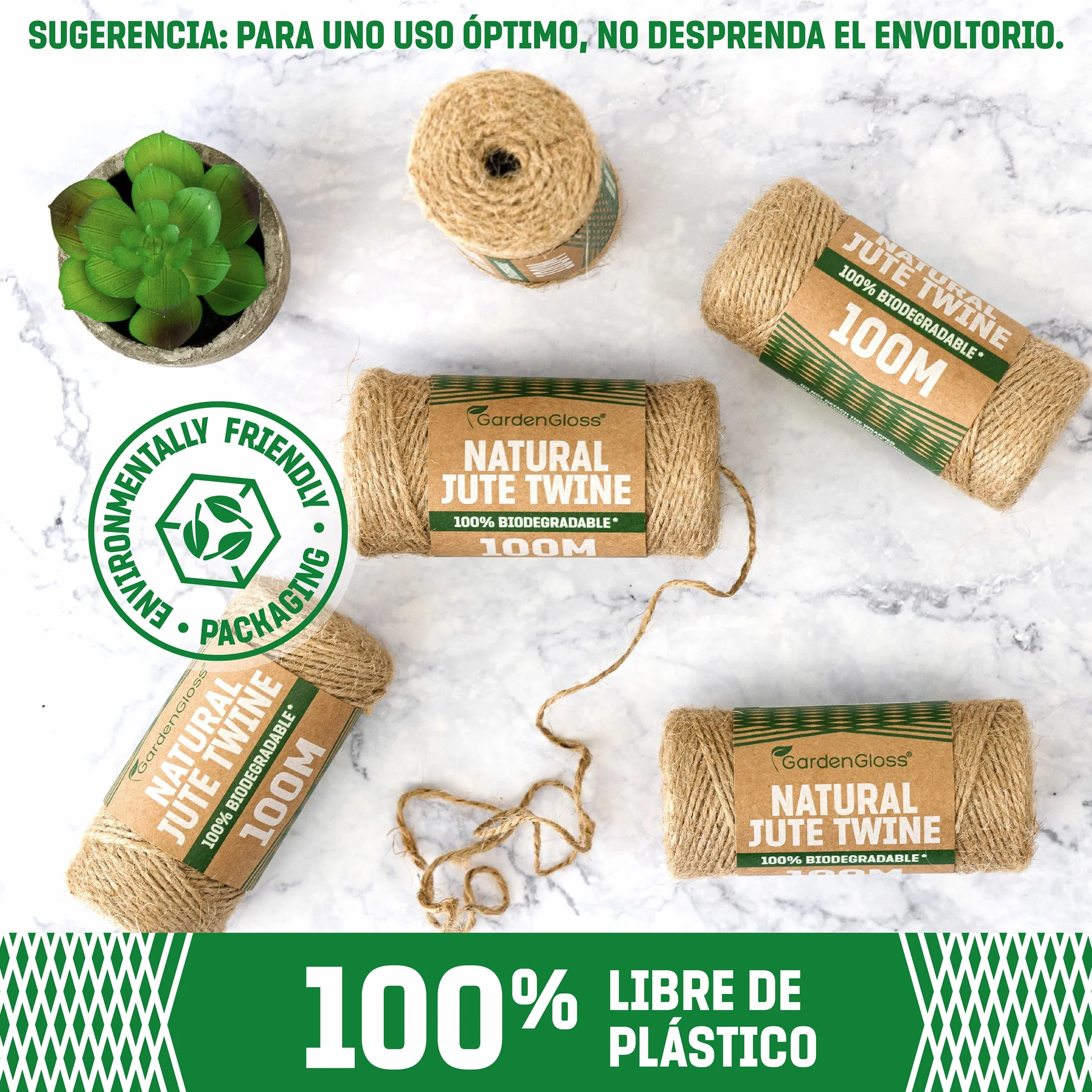 GardenGloss® Cinta de Fibra Natural de Yute (300m de Longitud, 1 mm de Grosor) - 100% Biodegradable - Cordón de Dos Hilos para jardinería, Manualidades, Bricolaje y Envolver Regalos