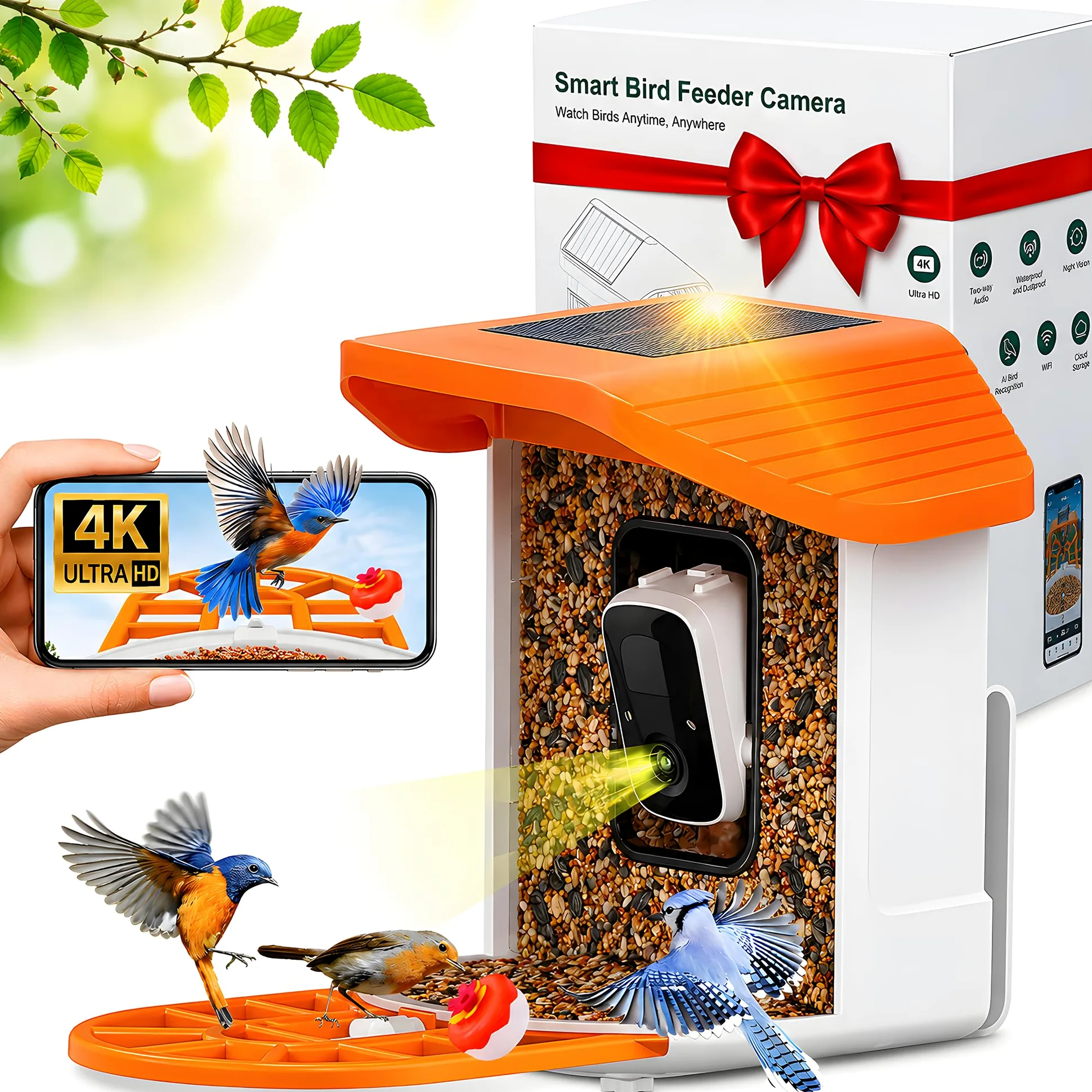 Comedero solar para pájaros con cámara de 145° de ancho 2K QHD, visión nocturna, aplicación – Comederos de pájaros colgantes exteriores con más de 11.000 especies de reconocimiento de especies de IA