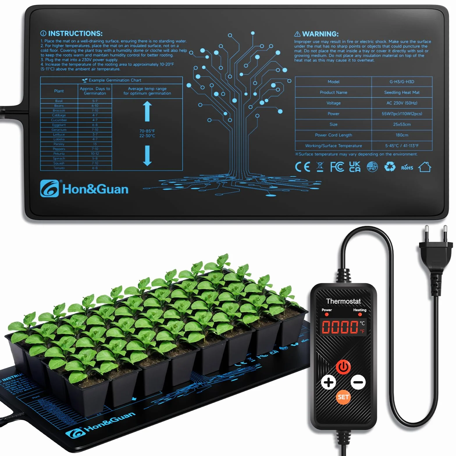 Hon&Guan 55 W eficiente para Mantener el Calor para Plantas con termostato, Juego de Estera térmica para germinación de plántulas, Mascotas, Reptiles, Cama Caliente, colchoneta 25 x 53 cm, IP67, 1