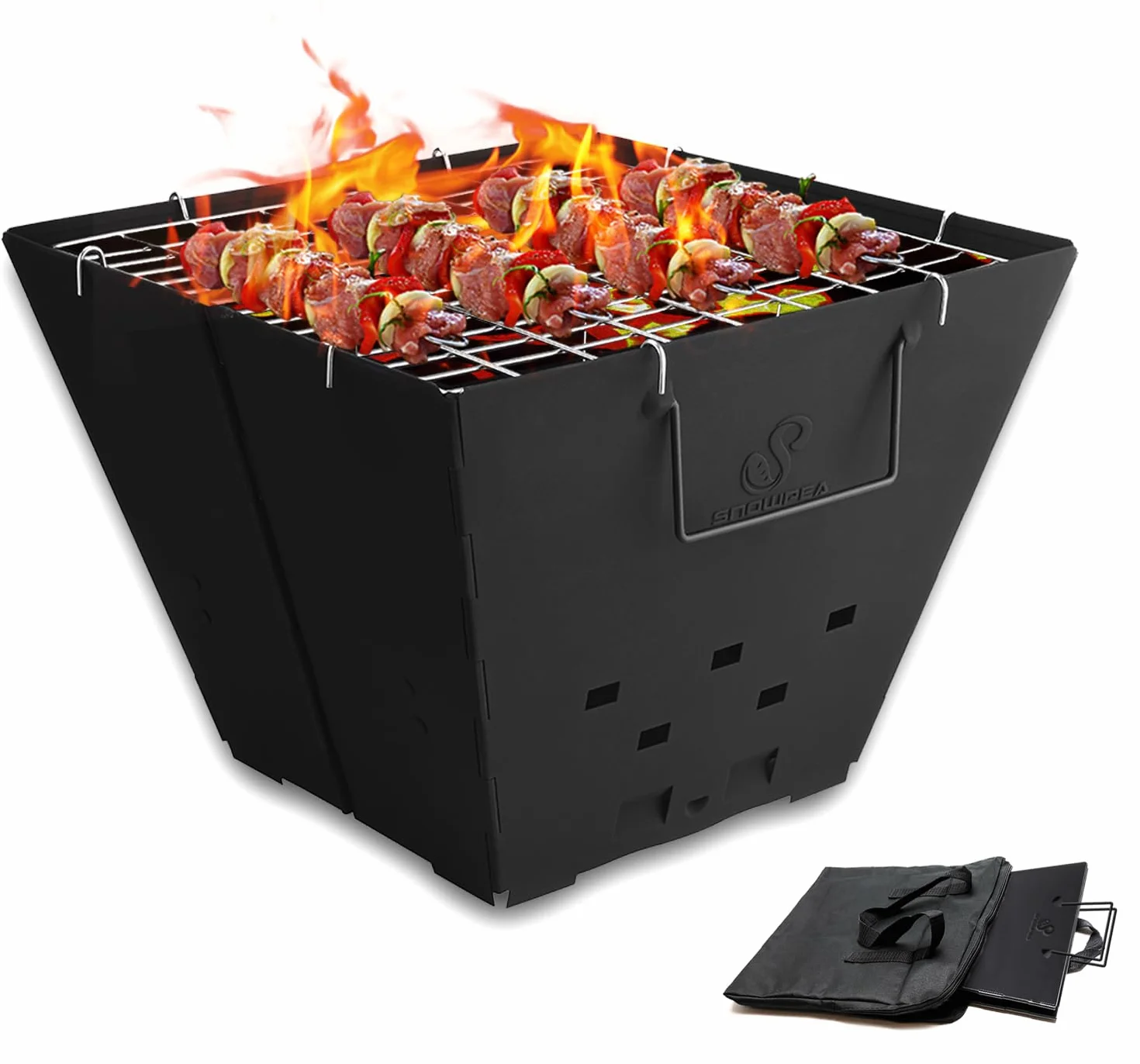 Snowpea Portable Fire Pit for Camping, Collapsible Outdoor Fire Pit with Carry Bag, Iron Fire Bowl for Picnics, Bonfire, Patio, Backyard and Garden - con Parrilla
