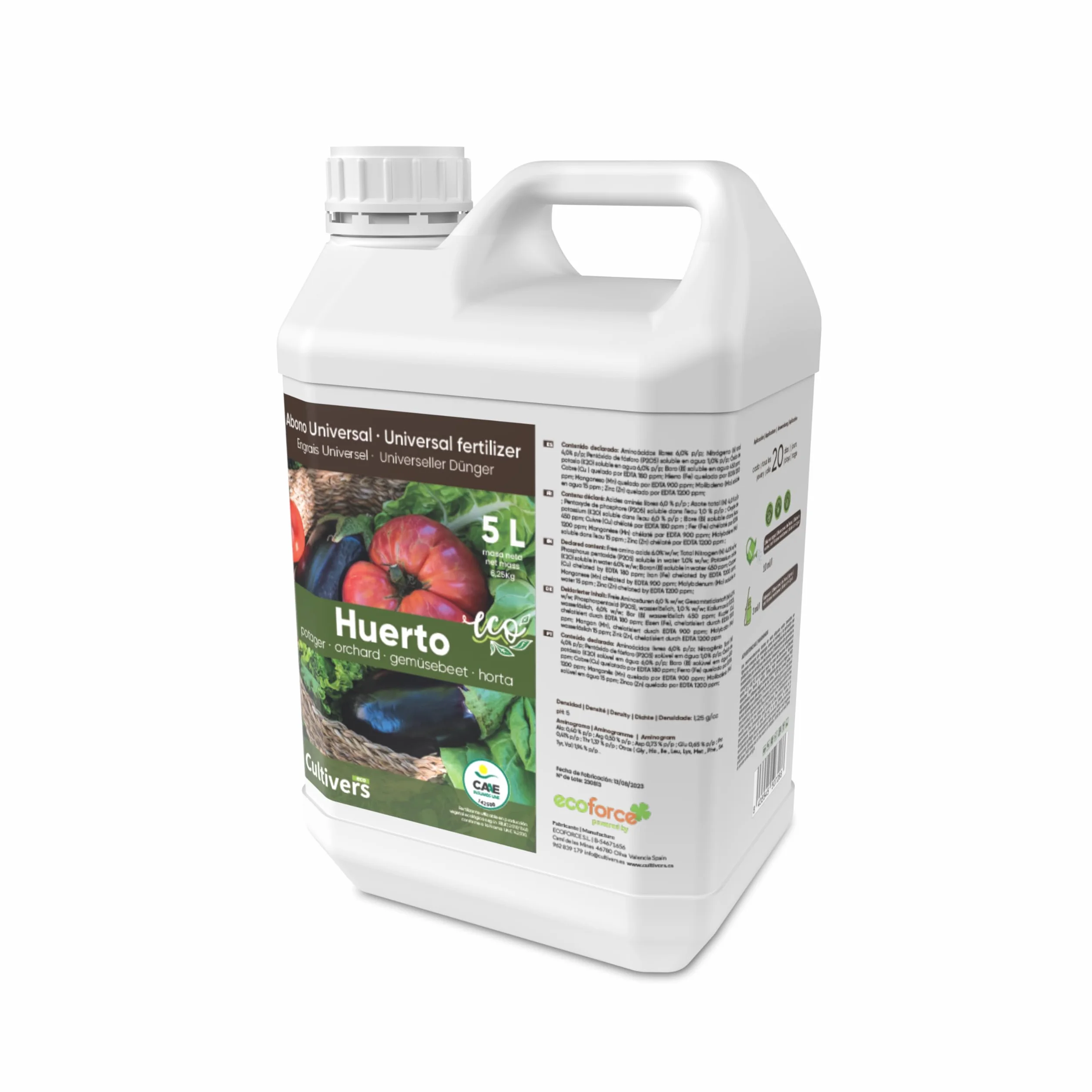 CULTIVERS Fertilizante Huerto Líquido Ecológico 5 L Abono para Hortalizas 100% Orgánico y Natural. Mejor Sabor, Mayor Calidad, Potencia el Crecimiento y Aumenta la Cosecha
