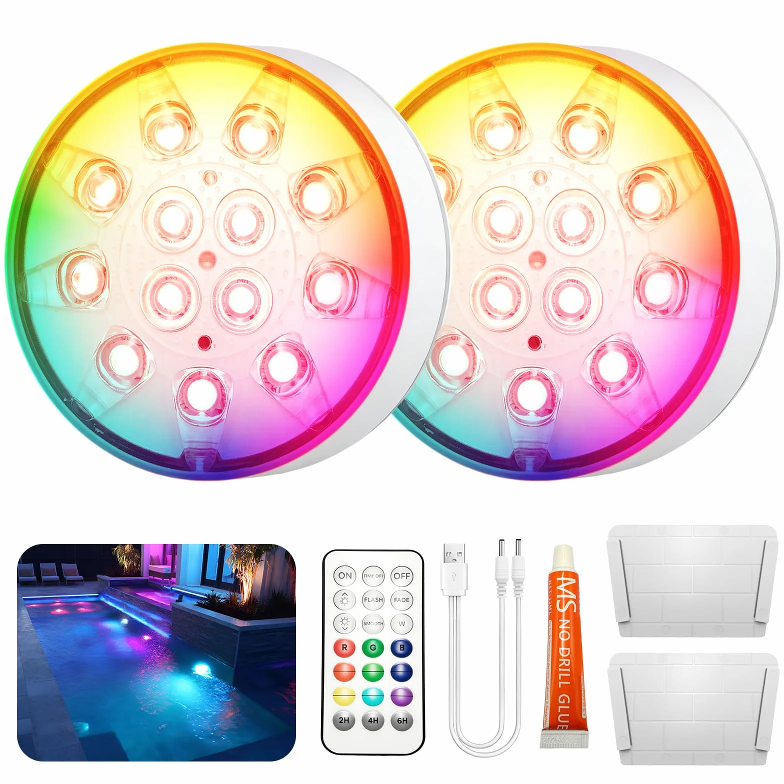 HOSSOM 2 Luces LED Sumergibles Piscina Recargables con Control Remoto, Luces LED de 16 colores, Luces para Piscina Impermeable IP68, para Piscinas, Estanques, Fuentes y Acuarios