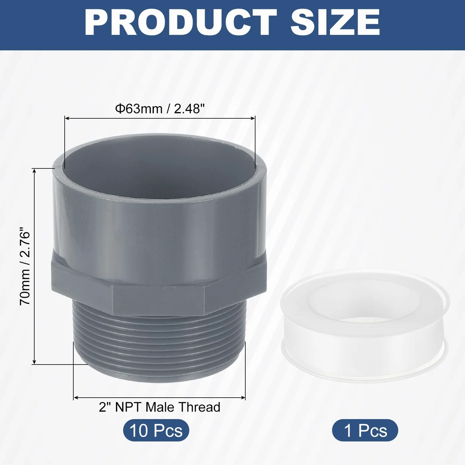 uxcell Adaptador de tubería macho de PVC, 10 conectores de tubería de PVC de 2 vías de 2 pulgadas con cinta selladora (enchufe x rosca macho), acoplamiento adaptador de manguera de PVC para línea de