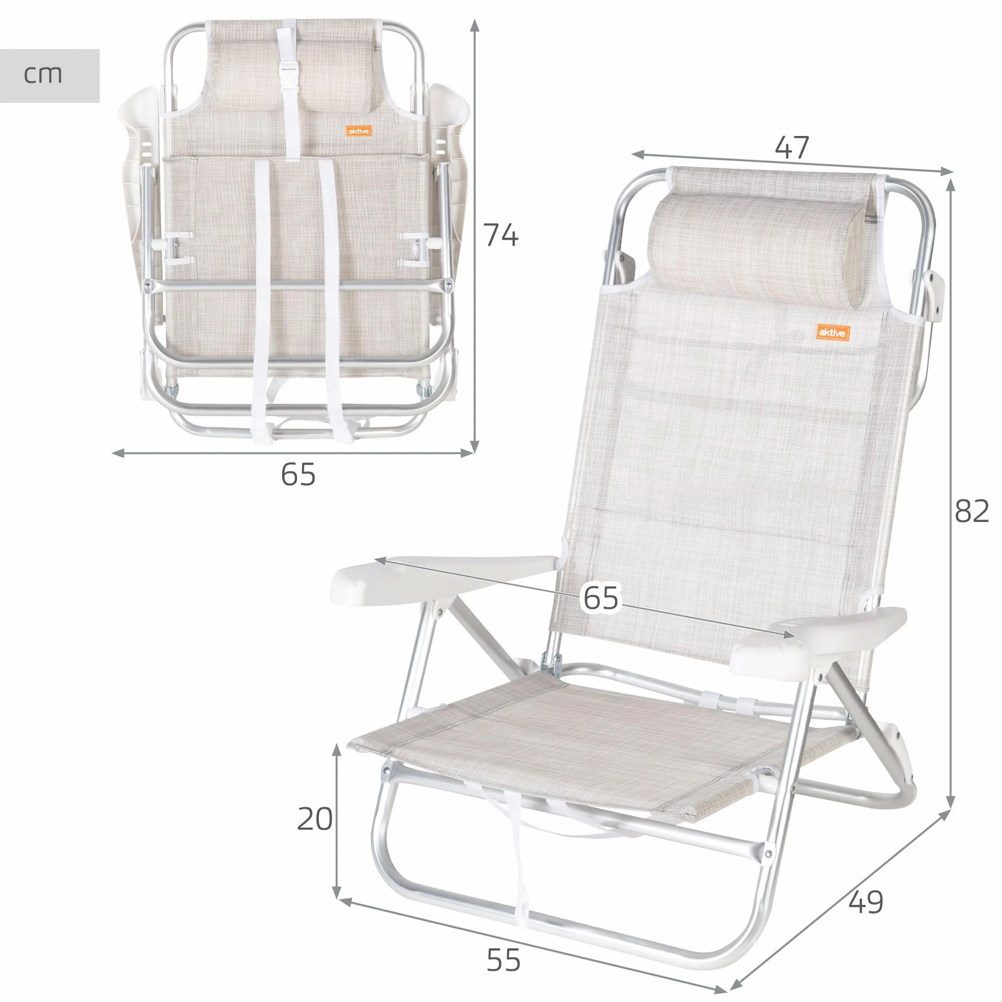 AKTIVE Silla de Playa Plegable, Beige, Multiposición 8 Posiciones, Textileno y Aluminio, 47x49x82 cm, Soporta 110 kg, con Asa de Transporte