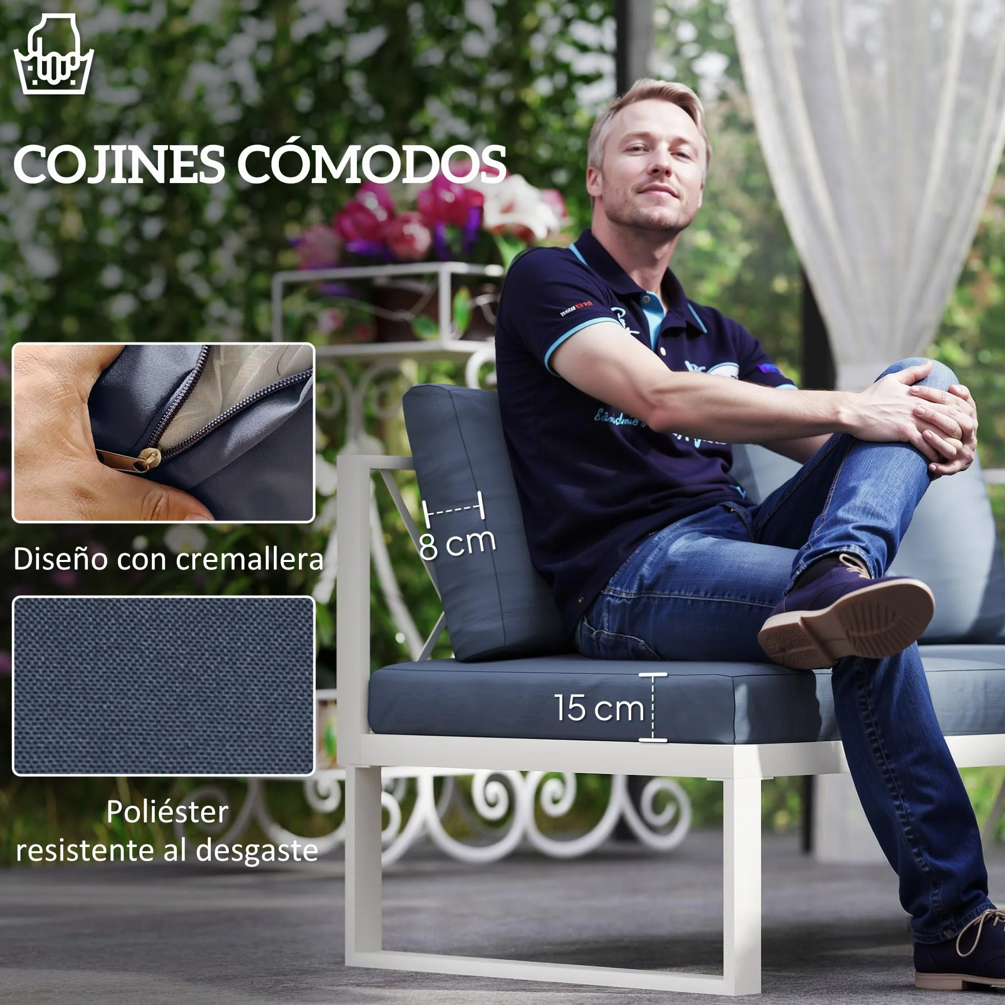 Outsunny Conjunto de Muebles Jardín Exterior de 4 Piezas Sofá Exterior Seccional Forma de L con 2 Sofás de 2 Plazas Sofá de Esquina con Asiento Ajustable y Mesa Centro de DPC con Cojines Beige y Gris