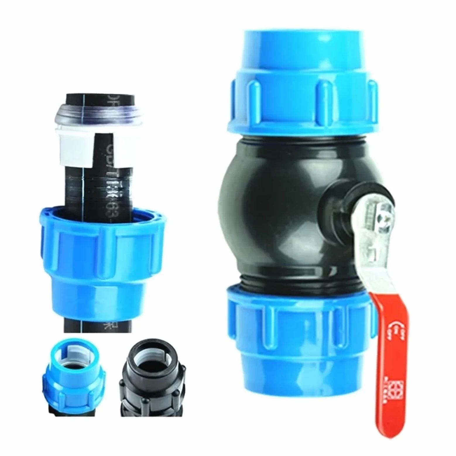 Divisor de agua del grifo de tubo de PE, Conector de válvula de bola rápida de plástico, accesorios de tubería de agua for riego de jardín y agricultura, 20/25/32/40/50mm(Blue,63mm)