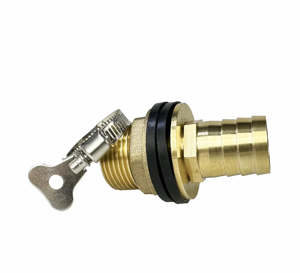Kit de conector de latón macizo para agua – Rosca hembra de 3/4 pulgadas, rosca macho de 1 pulgada, lengüeta de manguera de 25 mm con sellos y abrazadera – Adaptador de tanque de barril de lluvia a