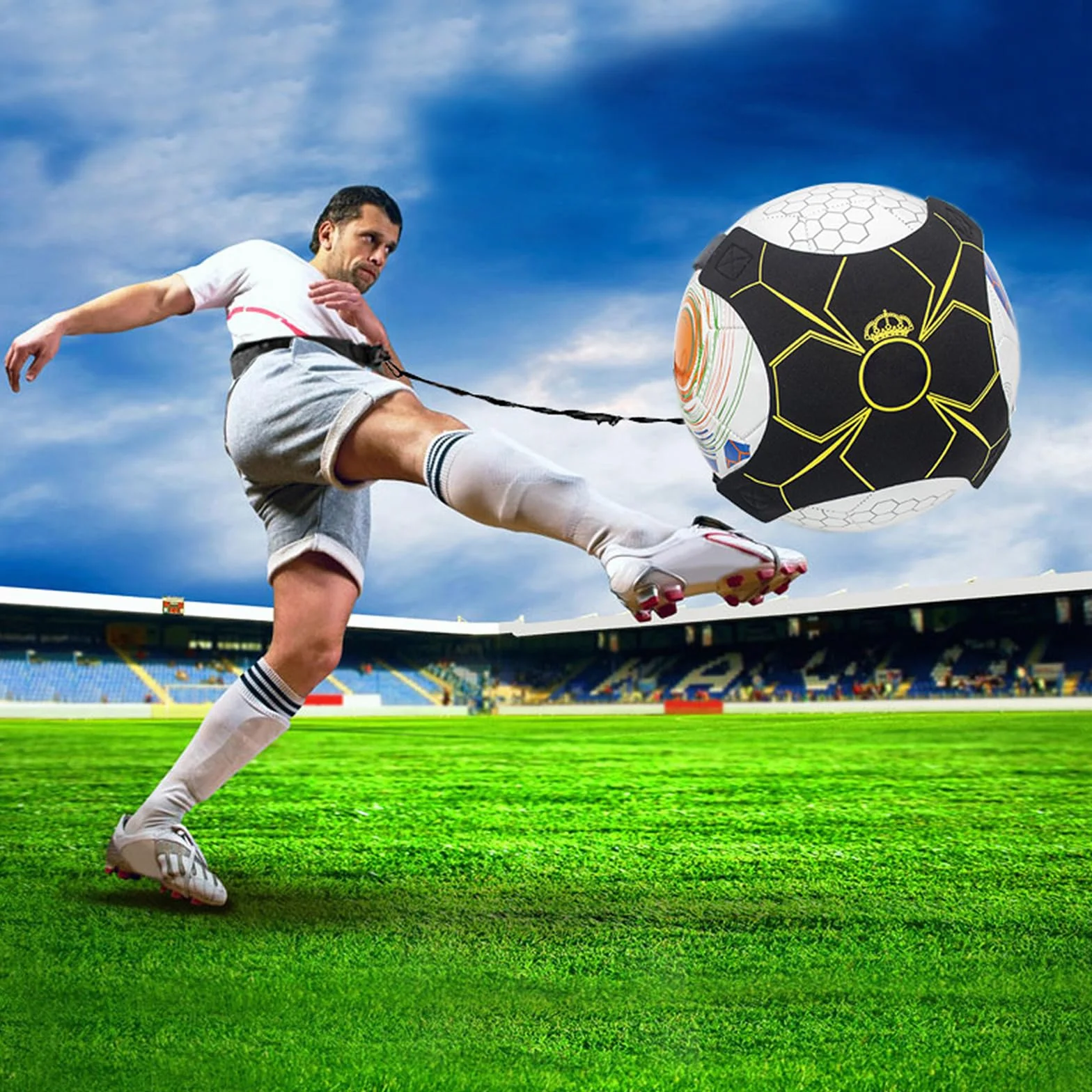 Entrenador de Calcio con Cuerda Elástica, Entrenamiento de Fútbol Kick Trainer, Rebote Automático, Elástico Regulable