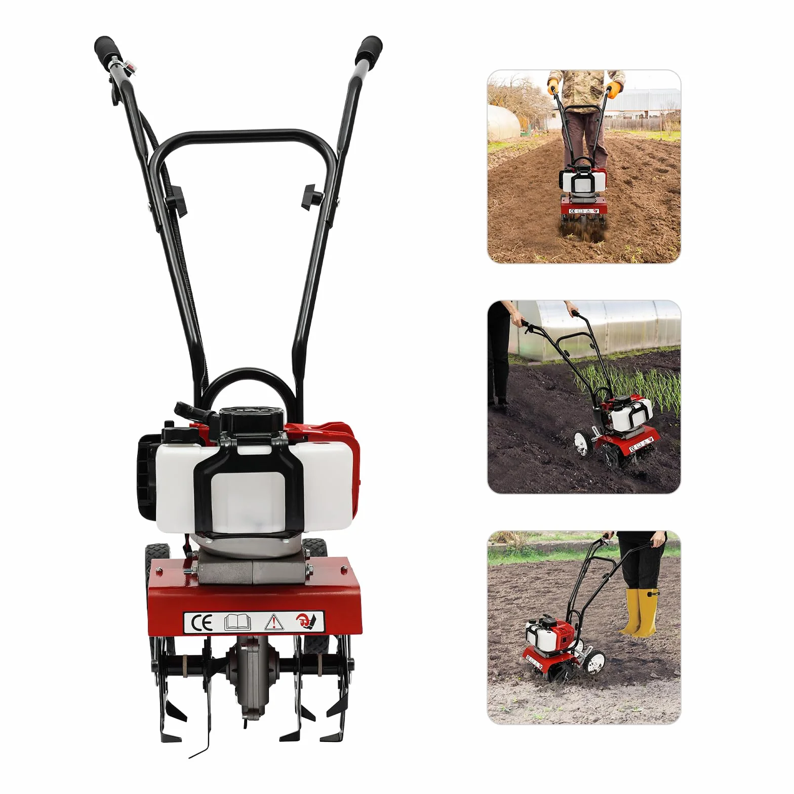 52cc Garden Rotavator 1700w Soil Cultivator Powerful 2 Stroke Air Cooled Garden Petrol Tiller 7000rpm Cultivator Rotovator Portable Lawn Soil Digging Eliminación de malas hierbas