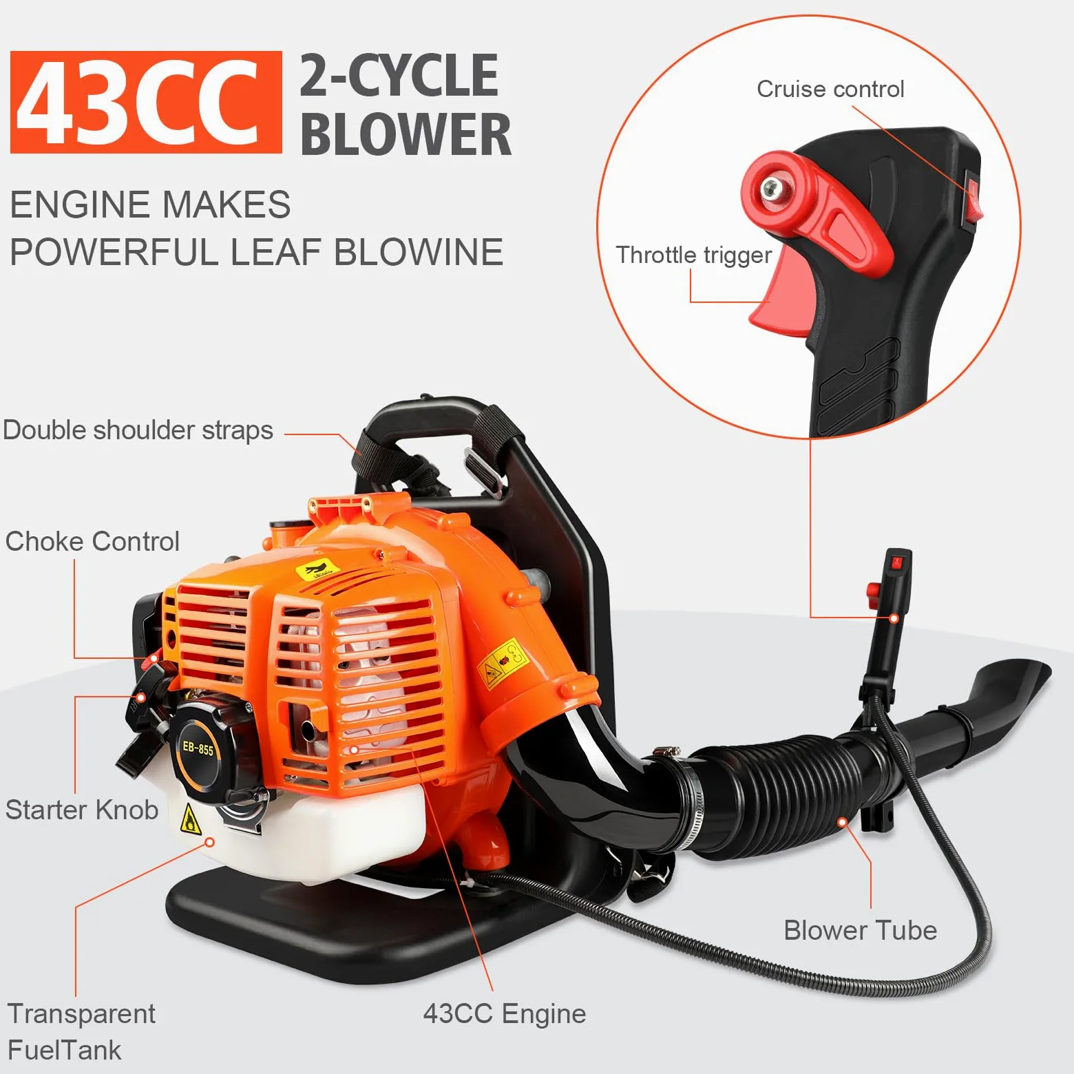 LabTEC Soplador de hojas a gas de 2 tiempos, soplador de hojas de mochila de gasolina de 43 cc, soplador de jardín inalámbrico de velocidad ajustada para limpiar patios, hojas, corte de hierba