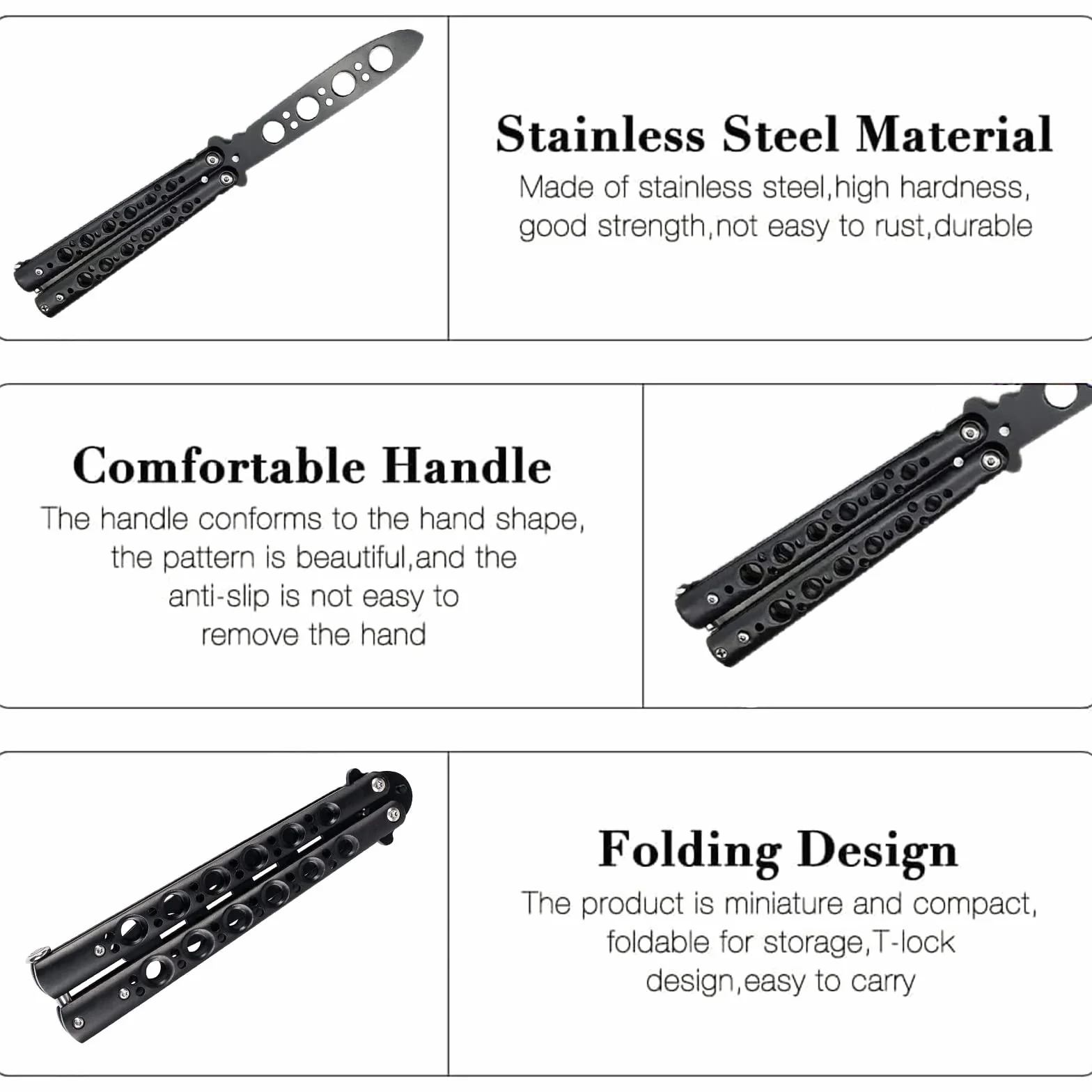 Cuchillo de mariposa de entrenamiento acero inoxidable no afilado (Negro)