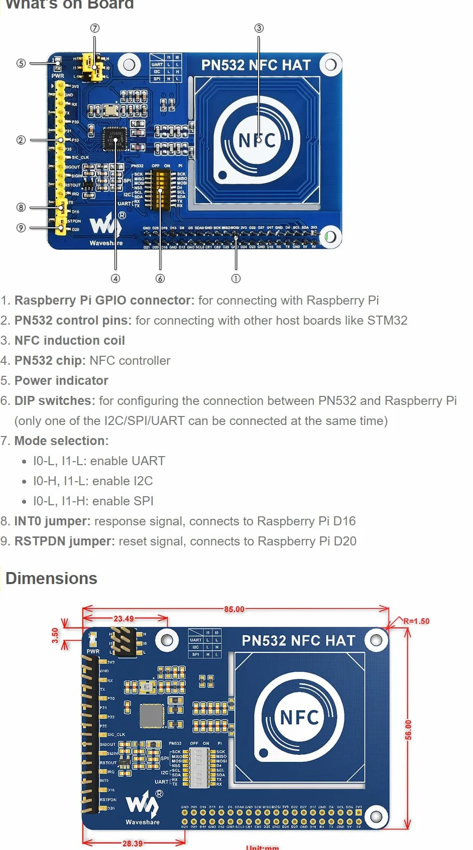 Waveshare PN532 NFC Hat for Raspberry Pi Near Field Communication I2C SPI UART Wireless Access Control Smart Tickets
