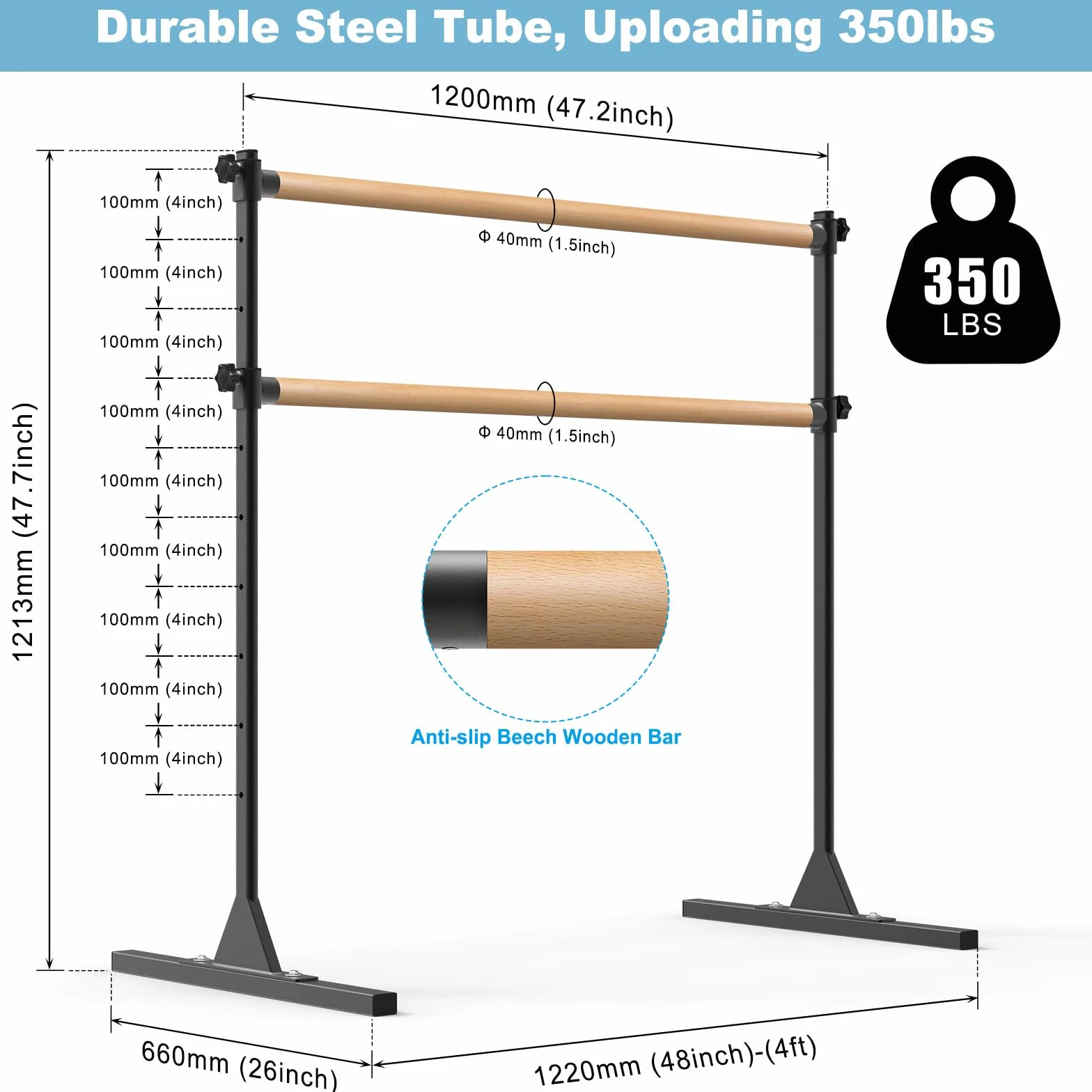 BeneLabel Barra de Ballet Independiente Ajustable en Altura 10 Pulgadas 120x71cm Antideslizante