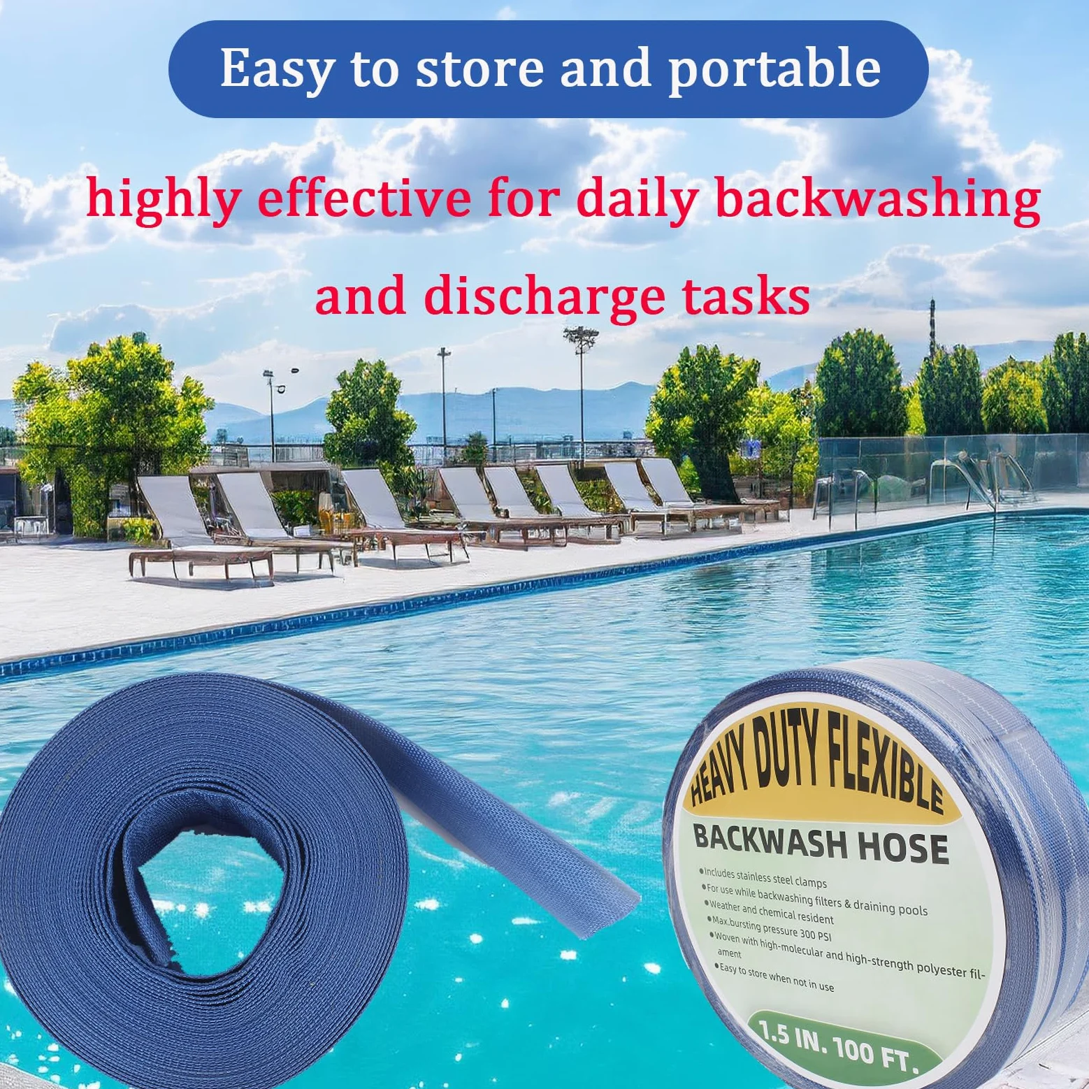 Manguera de retrolavado para piscina, manguera de PVC resistente, manguera de descarga plana, tubo de drenaje flexible para drenaje de piscina, con 2 abrazaderas (1.5 pulgadas x 100 pies)